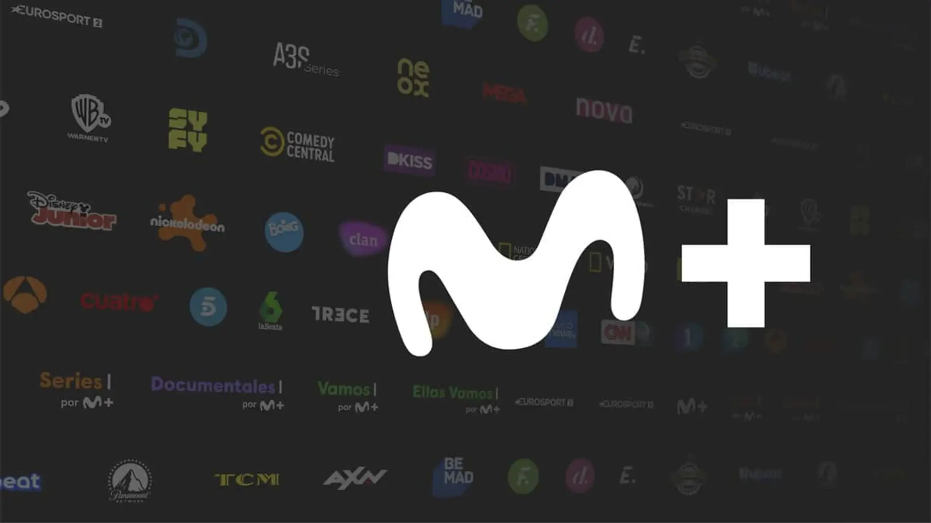 Logo de Movistar Plus+ sobre un fondo con los logos de los diferentes canales que incluye la plataforma de televisión.