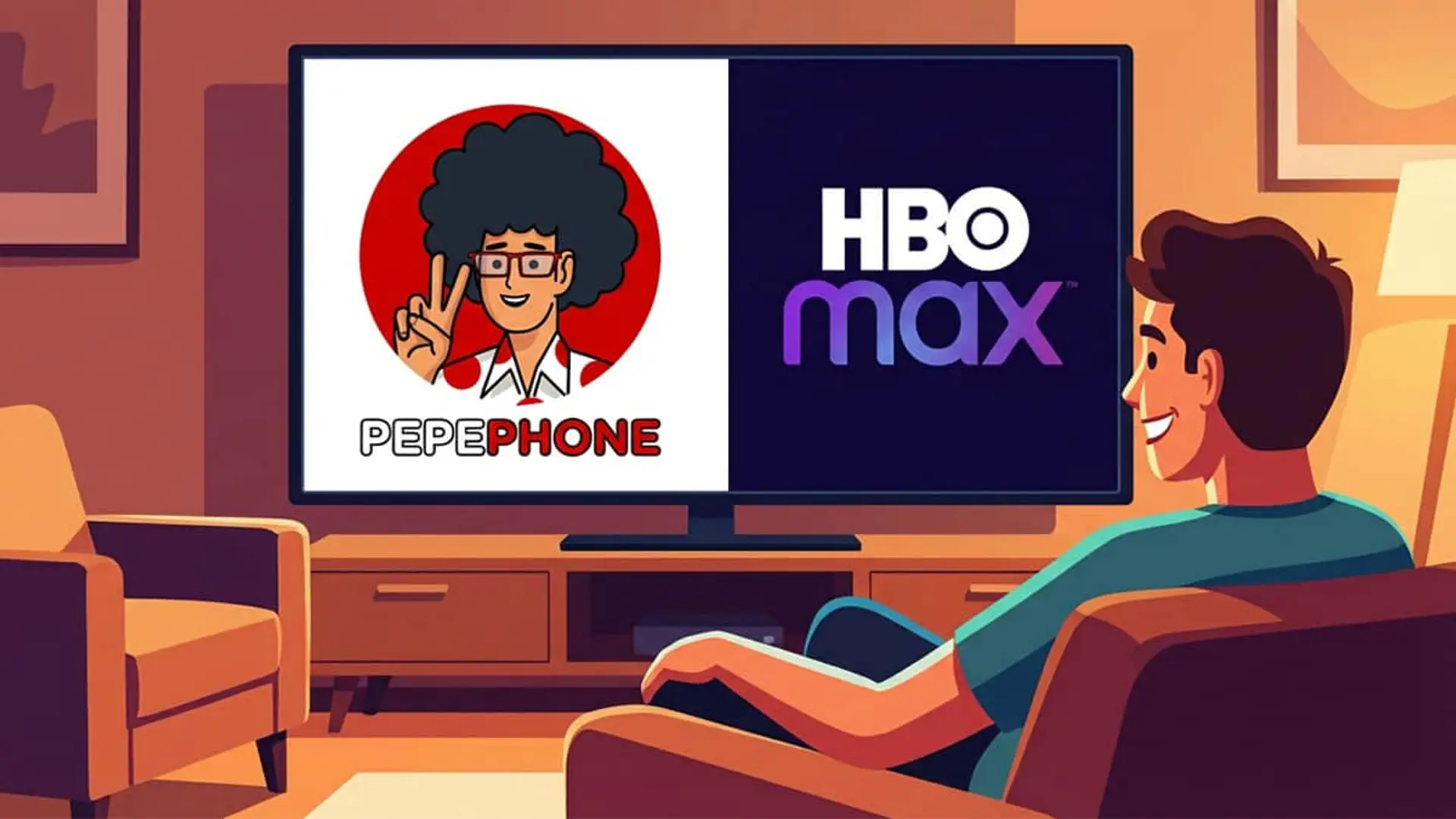 Hombre viendo la TV con los logos de Pepephone y HBO Max.