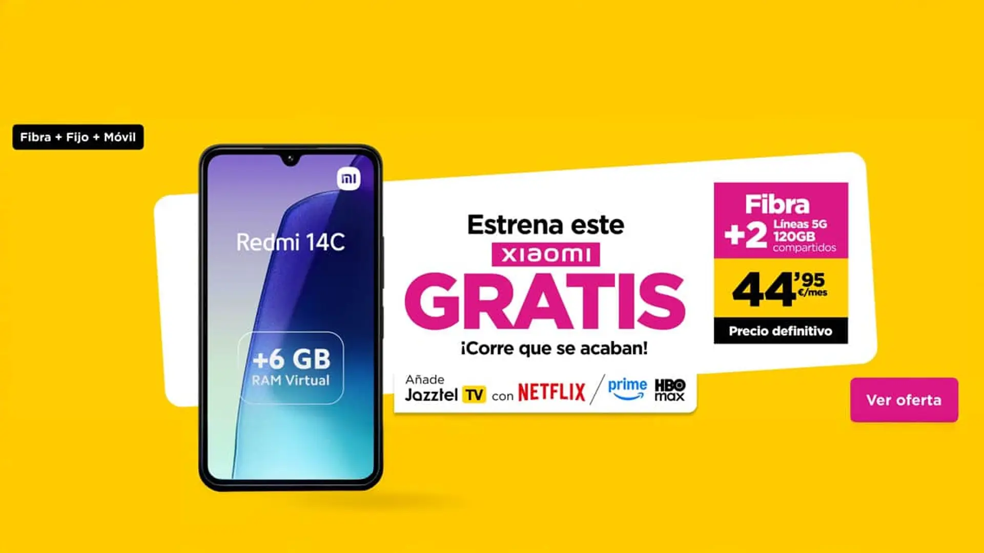Anuncio de Jazztel con fondo amarillo y un móvil Xiaomi Redmi 14C gratis junto a la oferta de fibra y líneas móviles.