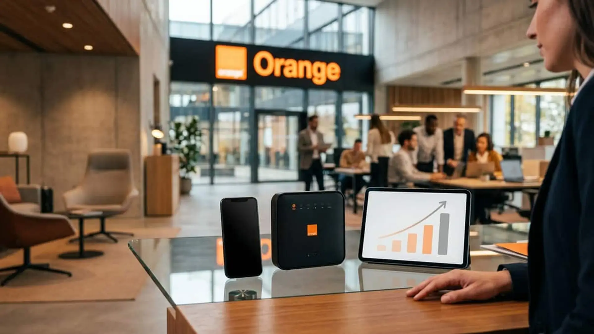 MasOrange factura 3.763 millones y suma 83.000 clientes en su primer trimestre como filial al 100% de Orange Router, teléfono móvil y tableta con un gráfico ascendente sobre una mesa en una oficina de Orange
