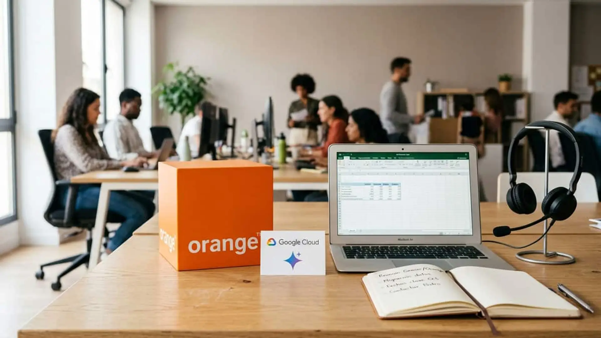 Orange España ya tiene más de 1.000 agentes de IA creados por sus propios empleados Oficina con empleados trabajando y una mesa con el logotipo de Orange, una tarjeta de Google Cloud, un portátil y unos auriculares con micrófono
