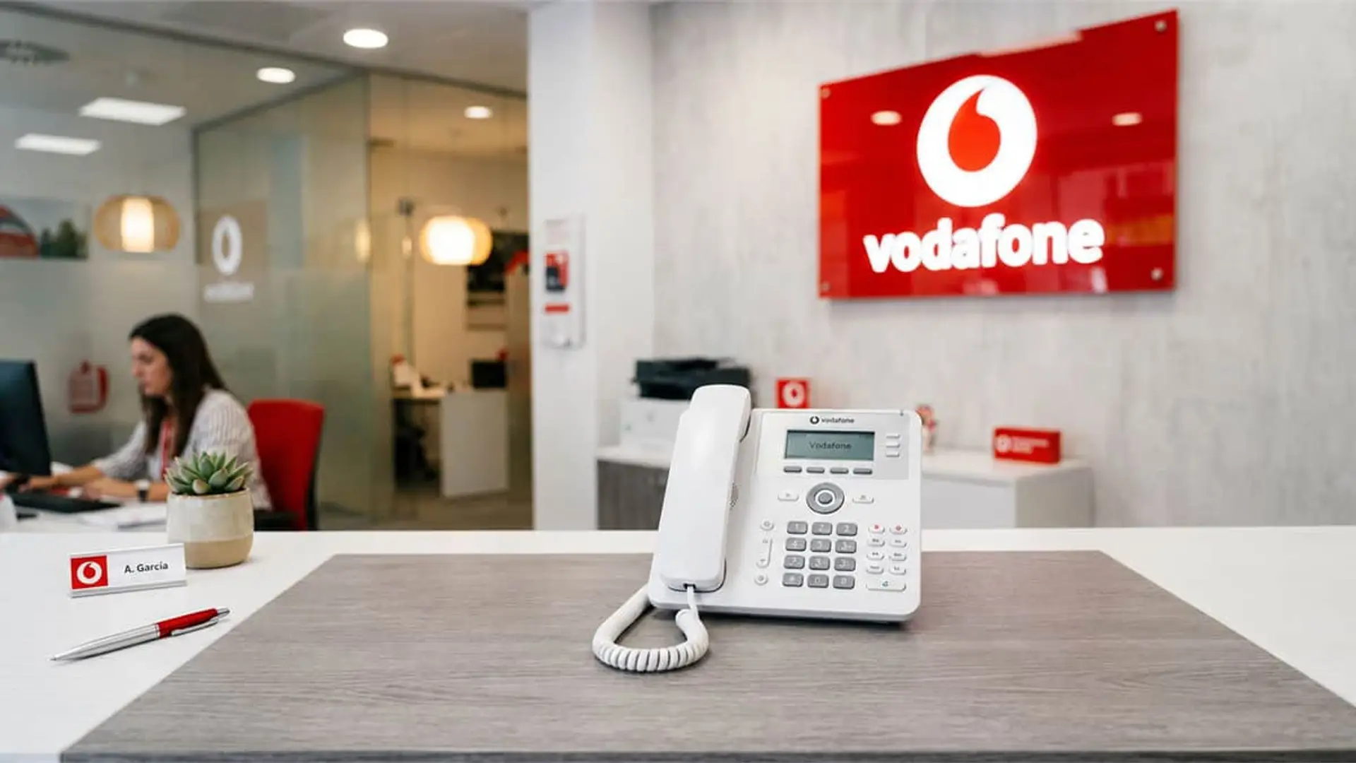 Vodafone recorta un 73% sus quejas en tres años, coincidiendo con la llegada de Zegona Oficina de Vodafone con teléfono corporativo en primer plano y logotipo de la compañía al fondo.