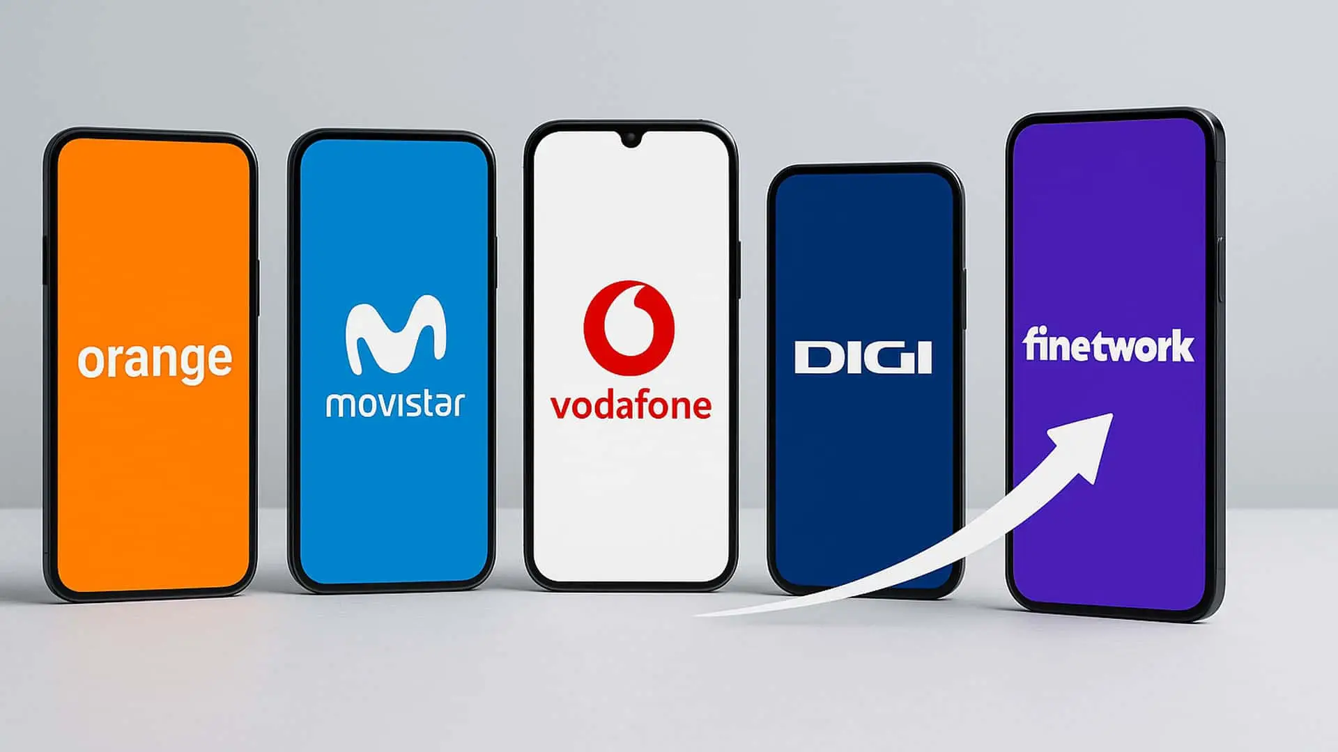 Comparativa de operadoras móviles: Orange, Movistar, Vodafone y DIGI. Una flecha destaca el crecimiento de Finetwork.