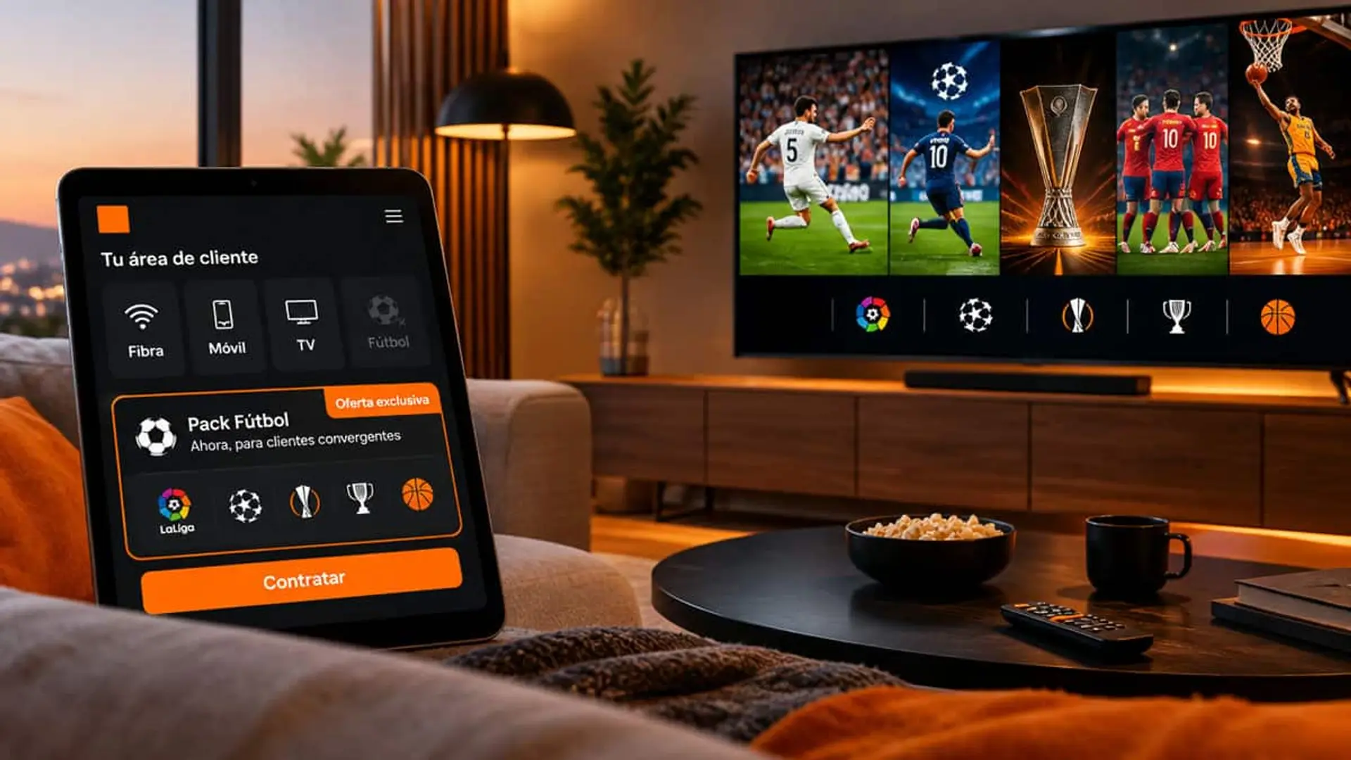 Área de clientes de Orange con una oferta de Pack Fútbol junto a un televisor con competiciones de fútbol y baloncesto