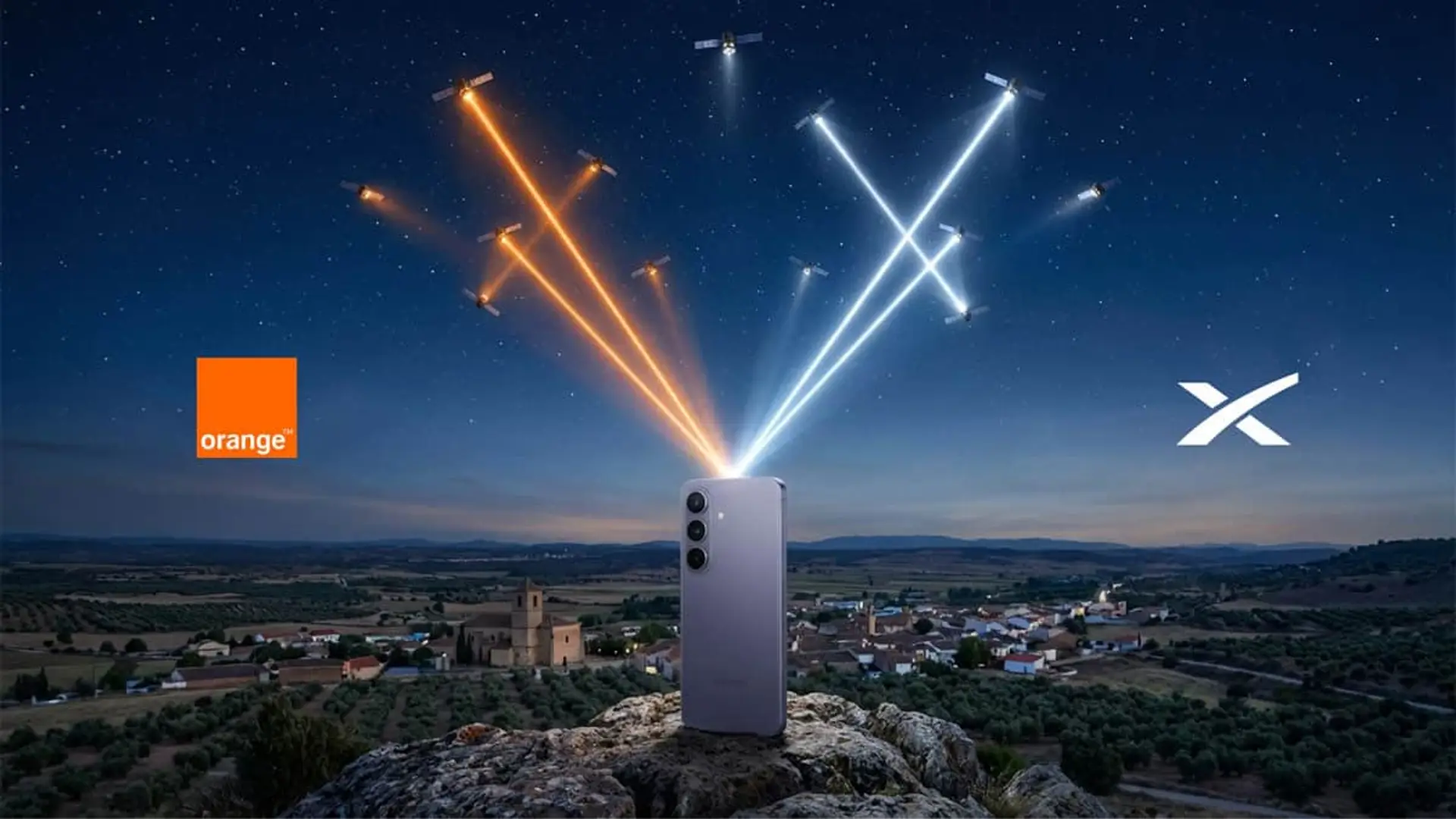 Smartphone con conexión satelital de Orange y Starlink en entorno rural para cobertura móvil en zonas remotas.