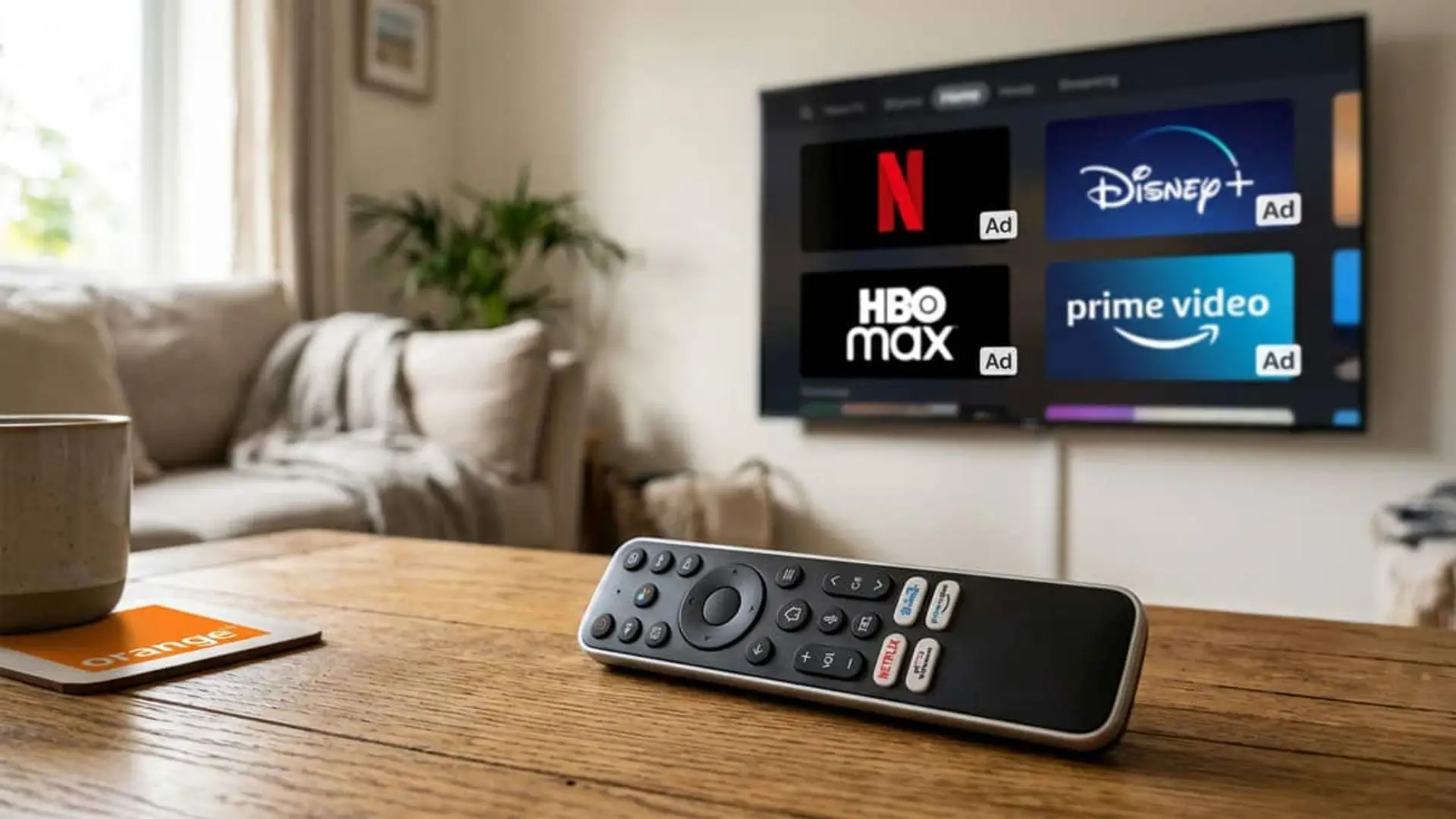 Mando de Orange TV frente a un televisor con Netflix, Disney+, HBO Max y Prime Video con anuncios
