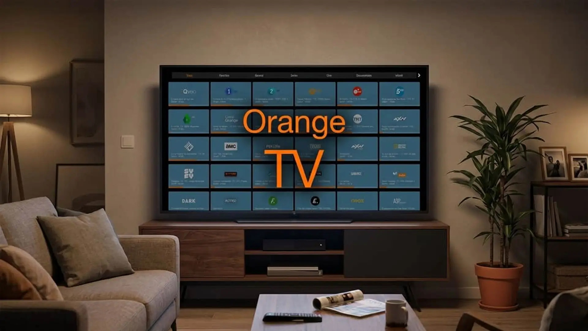 Orange TV integra 17 nuevos canales regionales sin coste extra: lista completa y qué clientes no los recibirán Televisión en un salón moderno mostrando la interfaz de canales de Orange TV.