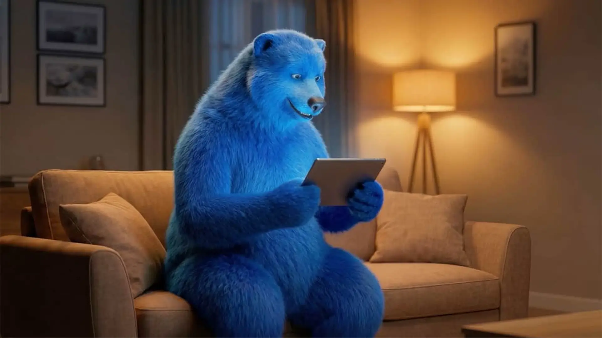 Oso azul mascota de O2 usando una tablet en el sofá para representar sus servicios de fibra óptica y TV en el hogar.