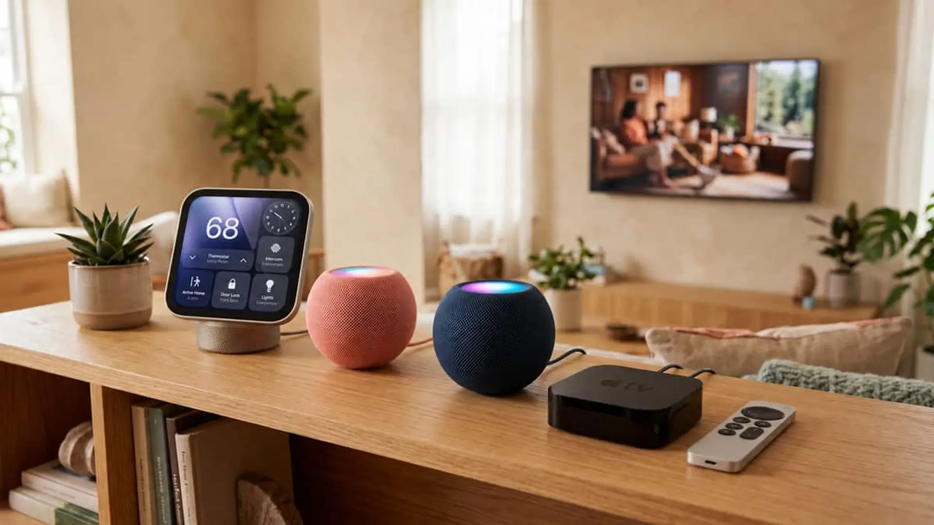 Pantalla inteligente de Apple junto a dos altavoces HomePod mini rosa y azul, un Apple TV 4K y su mando a distancia, sobre un mueble de madera en un salón con televisor al fondo.