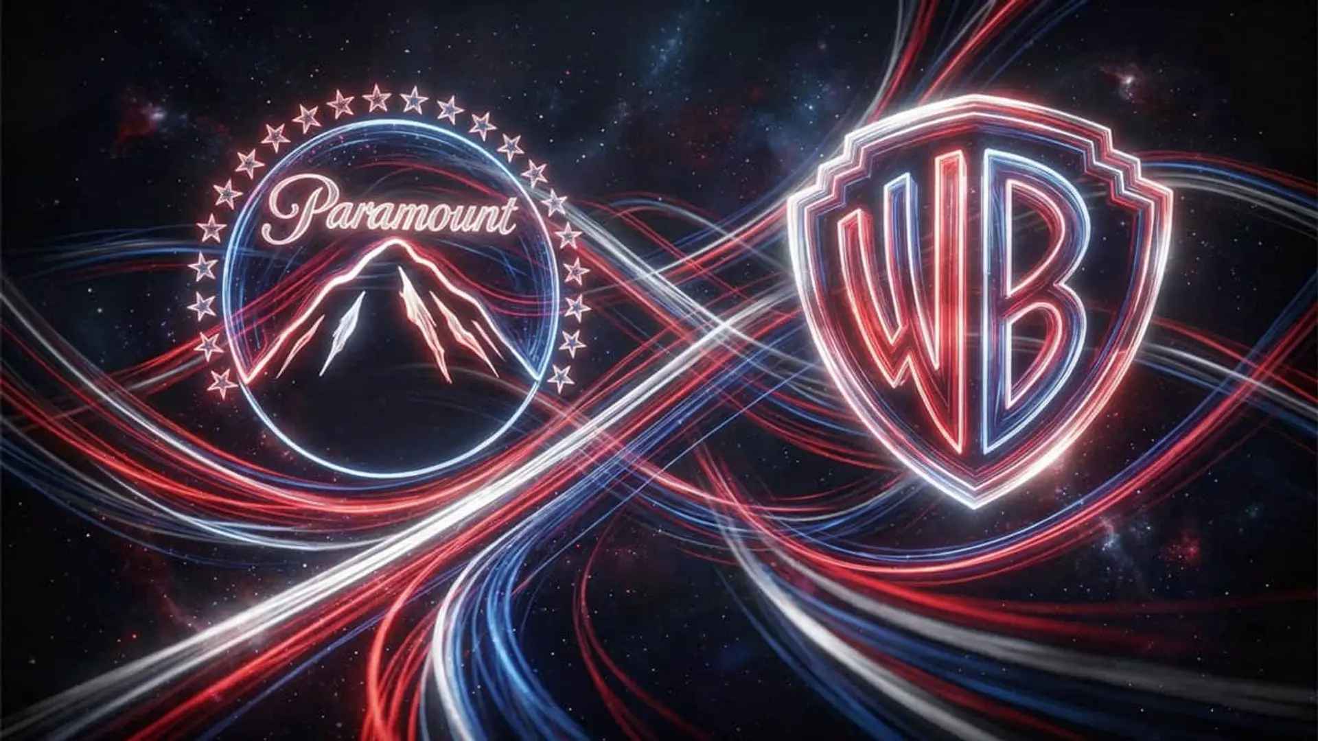 Logos de Paramount y Warner Bros rodeados de luces, simbolizando su fusión en el mercado del streaming.