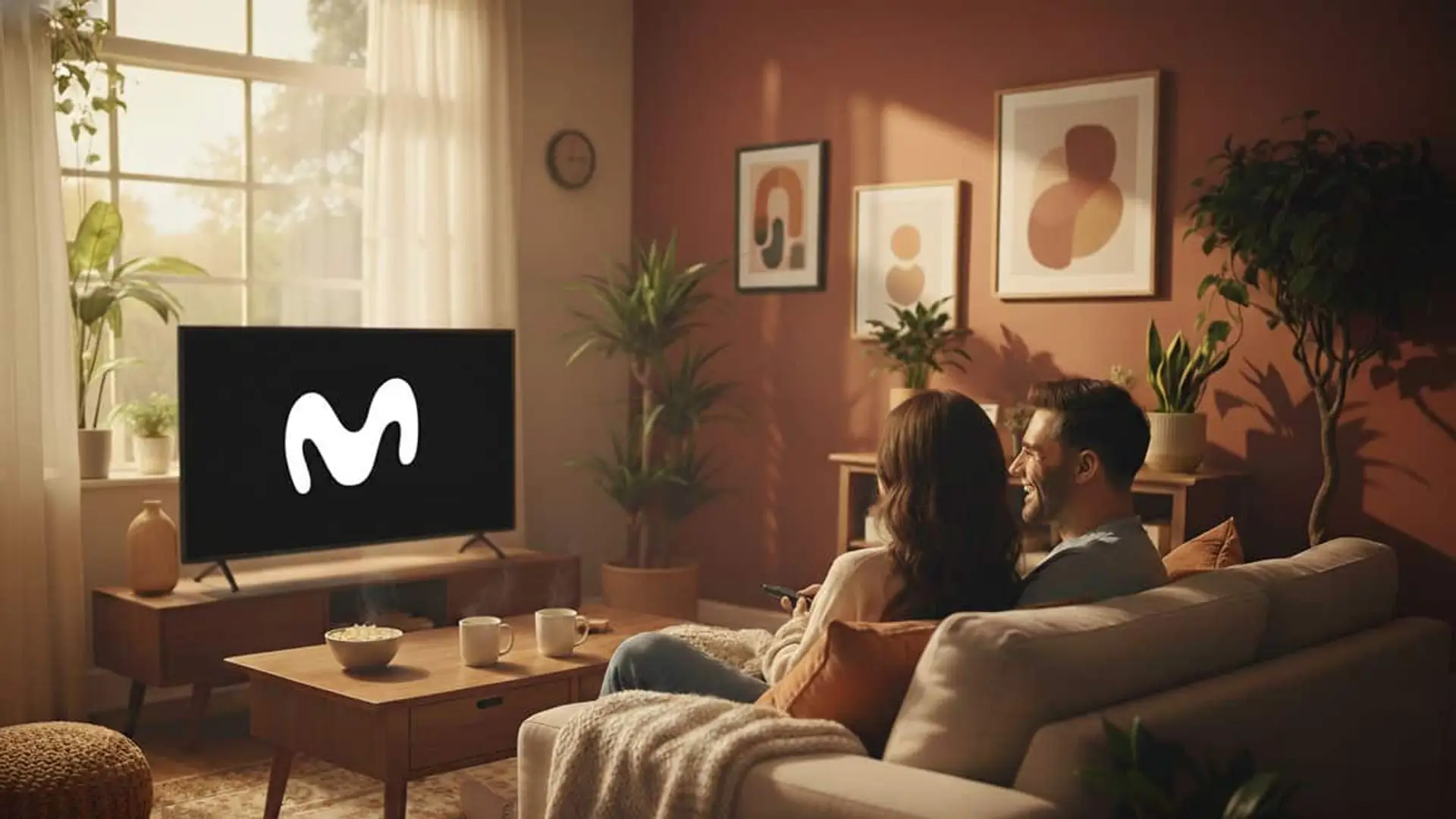 Pareja viendo contenidos de Movistar Plus+ en el salón de su hogar