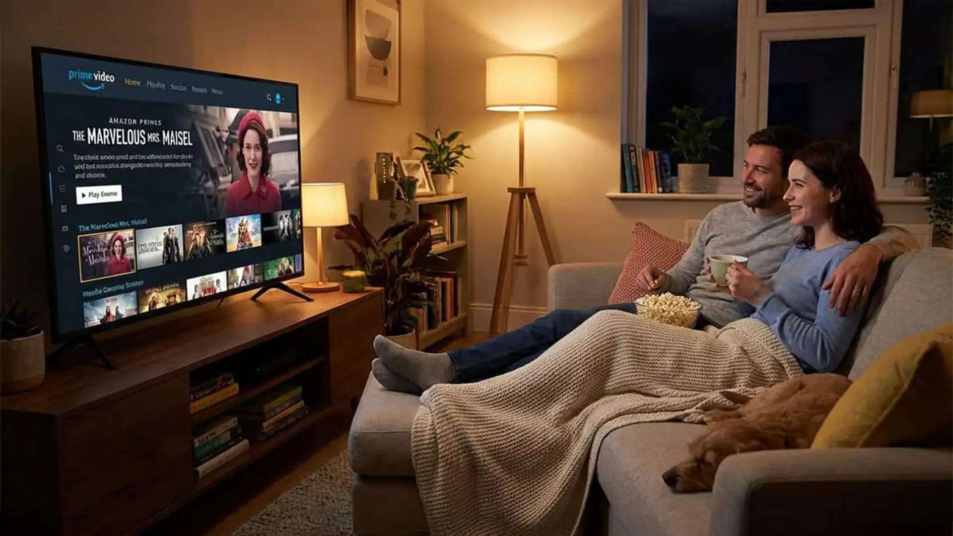 Pareja en el salón viendo series en Amazon Prime Video en la televisión, con palomitas y un ambiente acogedor.