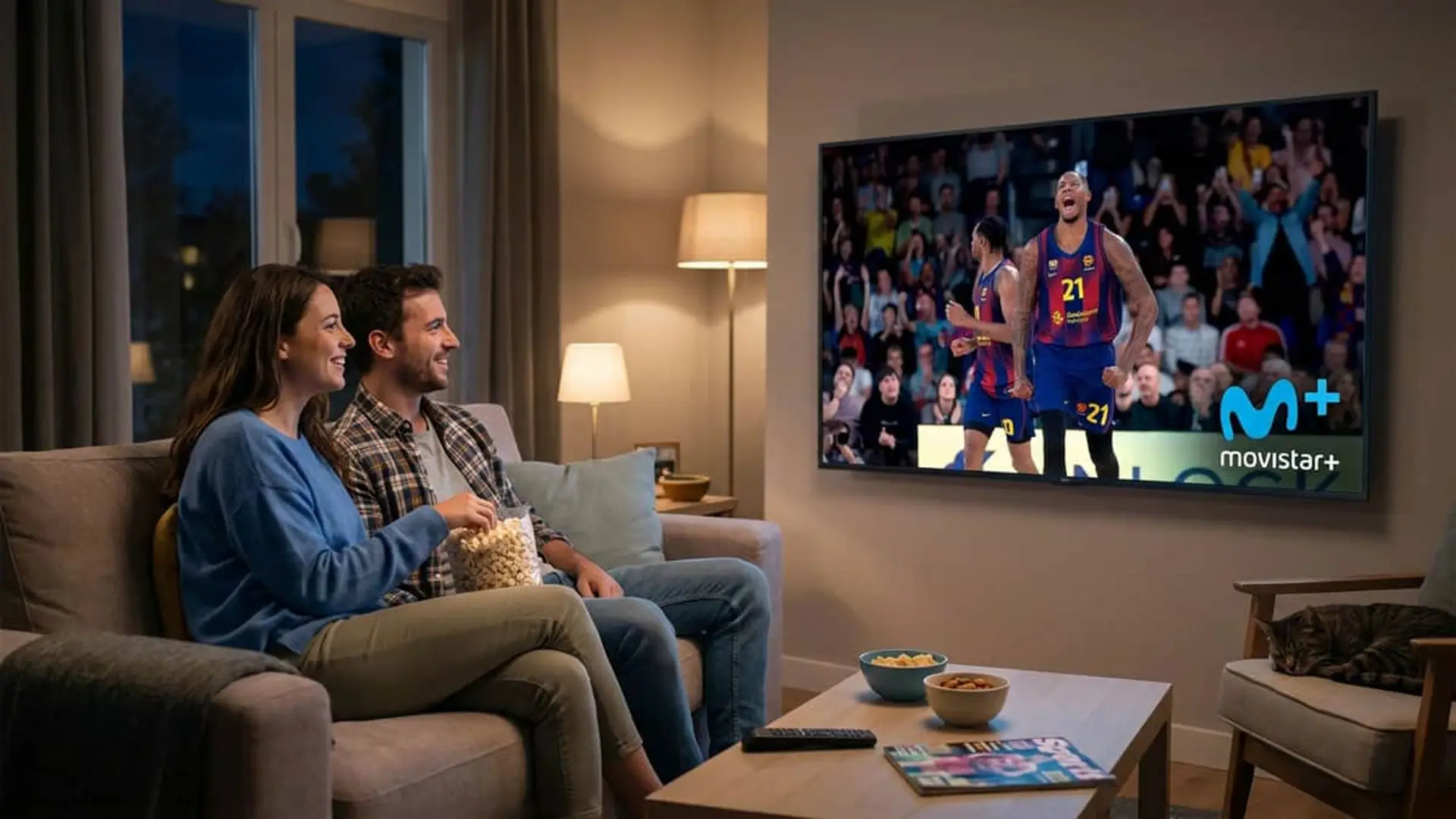 Pareja viendo un partido de baloncesto en Movistar Plus+ con palomitas desde el salón de casa.
