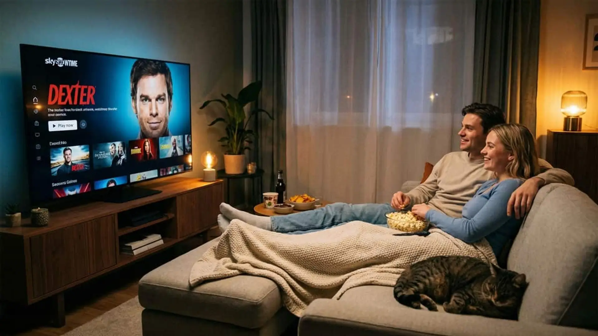 La nueva función de SkyShowtime que cambiará tu forma de ver series en 2026 Pareja viendo la serie Dexter en SkyShowtime desde el salón, con televisor encendido y ambiente acogedor.