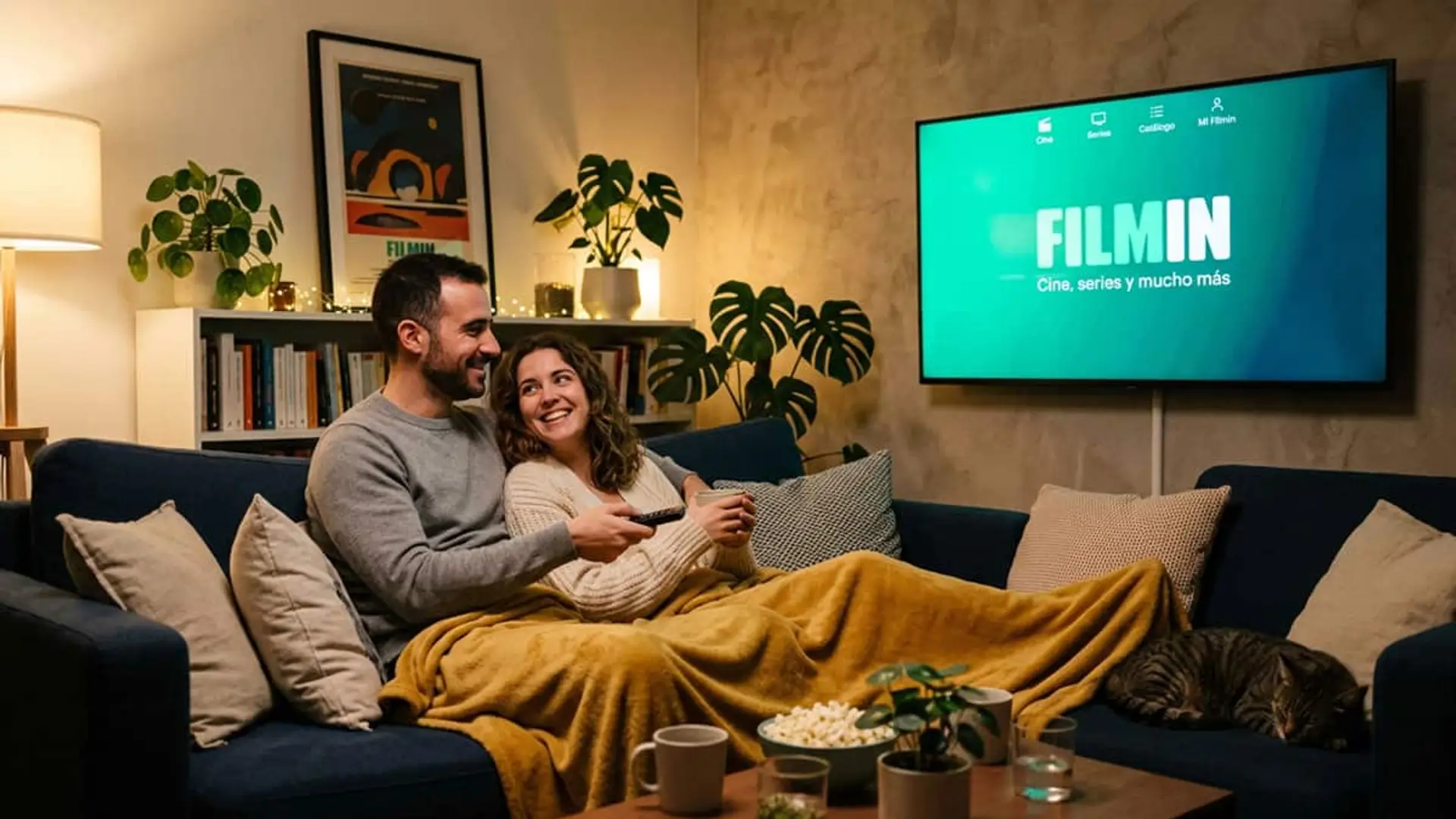 Qué estrena Filmin en junio de 2026: una nominada al Oscar, joyas de Cannes y el regreso de Spitting Image Pareja sentada en el sofá viendo Filmin en la televisión del salón
