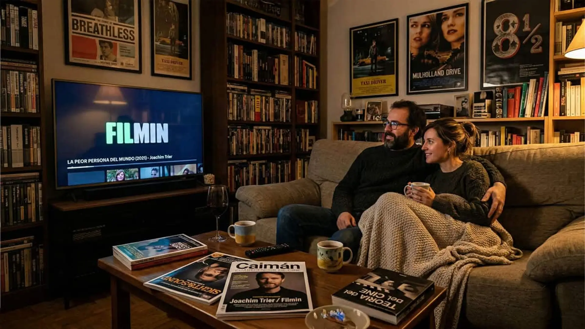 Pareja sentada en el sofá viendo Filmin en la televisión, en un salón con estanterías llenas de libros y películas.