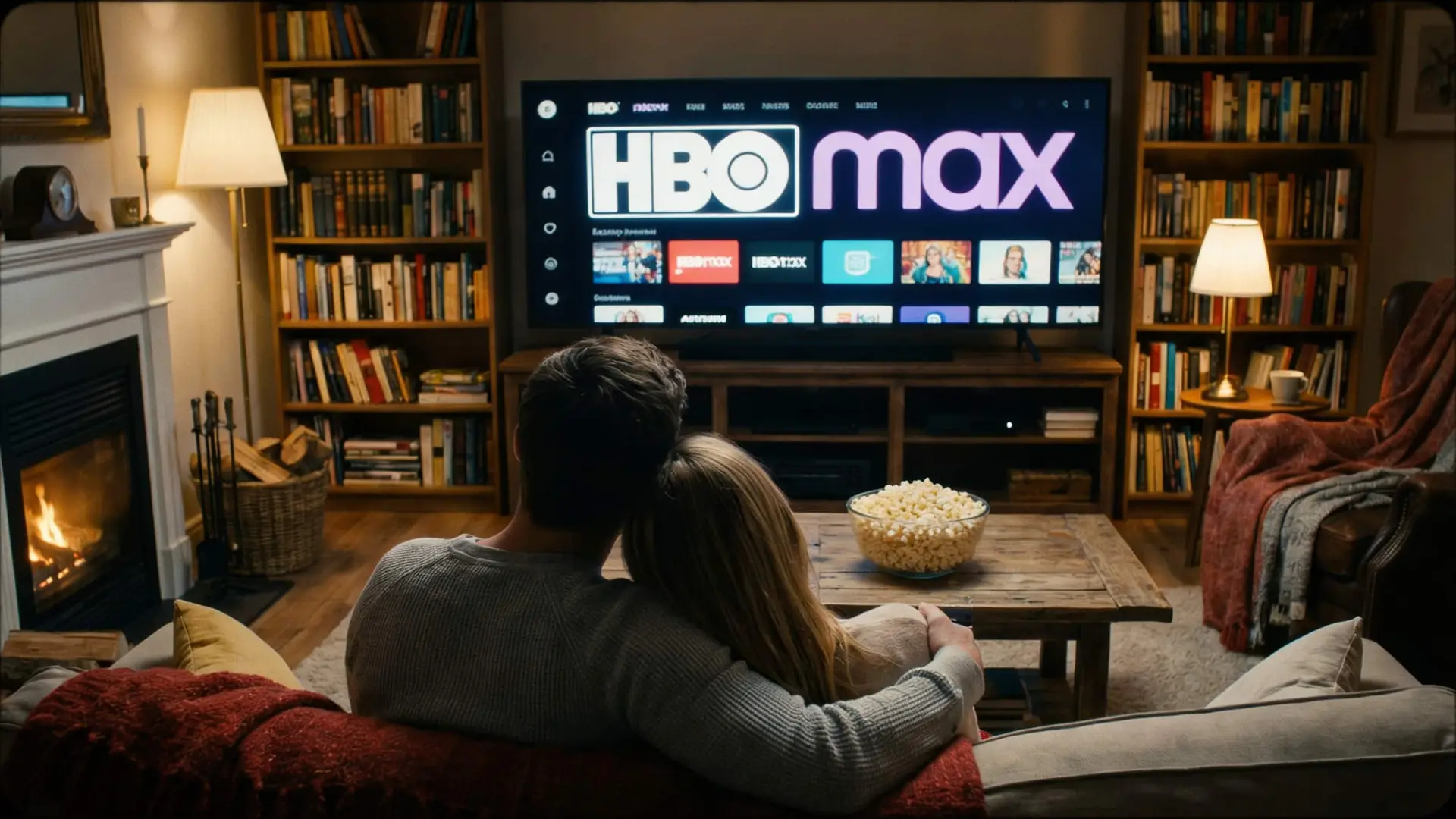 Pareja viendo HBO Max en el salón de casa mientras ve una serie en la televisión