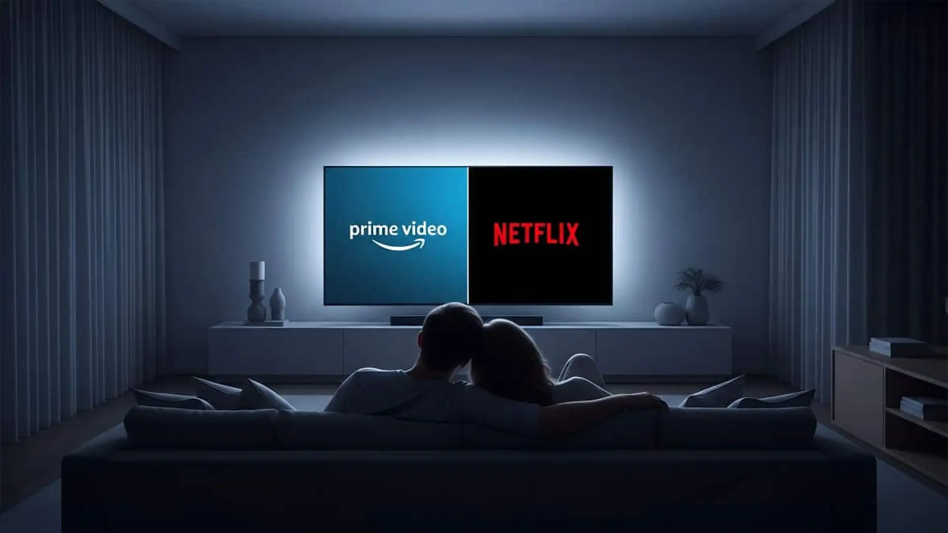 Pareja viendo televisión en casa con las plataformas de streaming Prime Video y Netflix en pantalla.