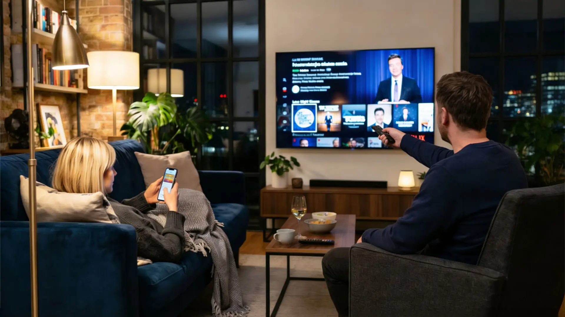 Pareja usando Smart TV y smartphone en el salón, reflejando el auge de la televisión conectada y el streaming.