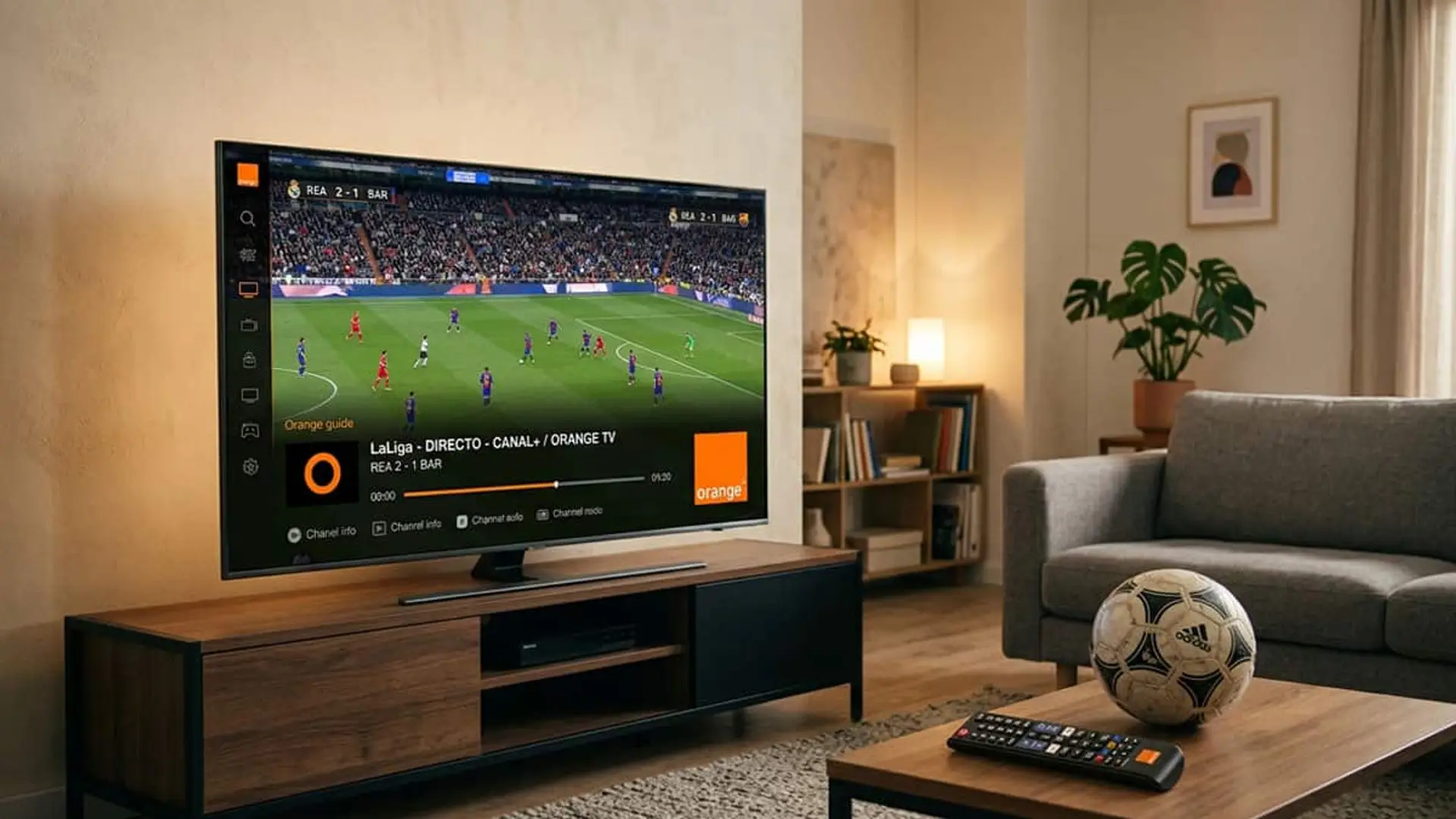 Orange renueva el fútbol con Movistar y DAZN: LaLiga, Champions y Premier siguen en su casa Televisor mostrando un partido de LaLiga en Orange TV en un salón con un balón de fútbol sobre la mesa