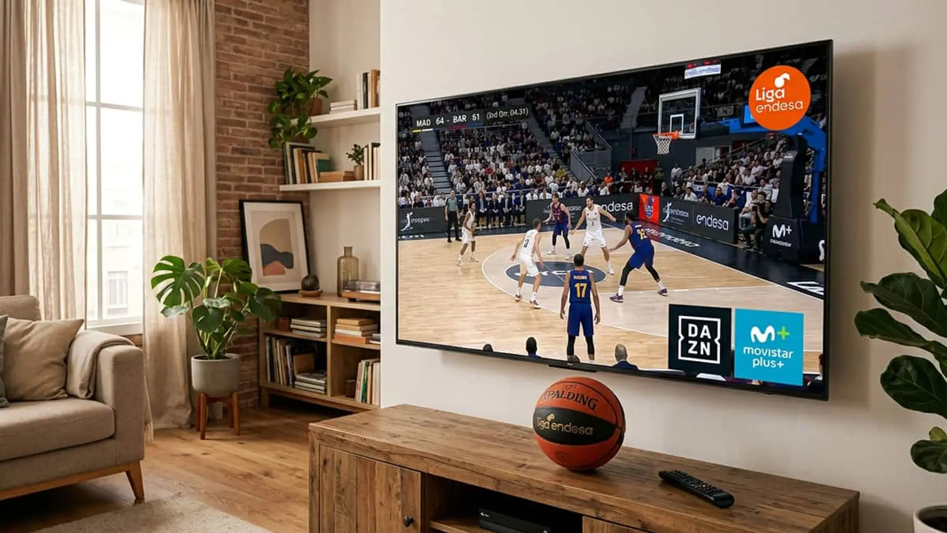 La Liga Endesa vuelve a la TDT tras 11 años: los partidos gratis de la jornada 1 Partido de la Liga Endesa de baloncesto en televisión con los logotipos de DAZN y Movistar Plus+ y un balón frente a la pantalla