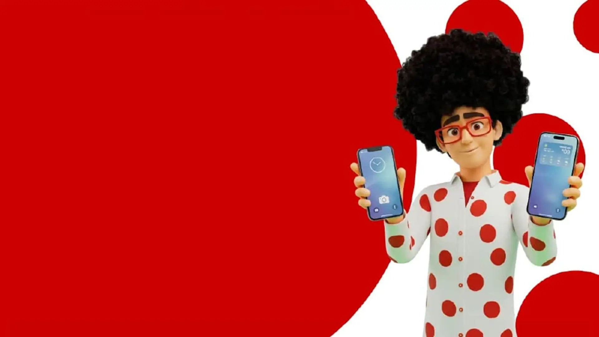 Mascota de Pepephone sujetando dos smartphones para promocionar la nueva tienda de dispositivos sobre fondo rojo.