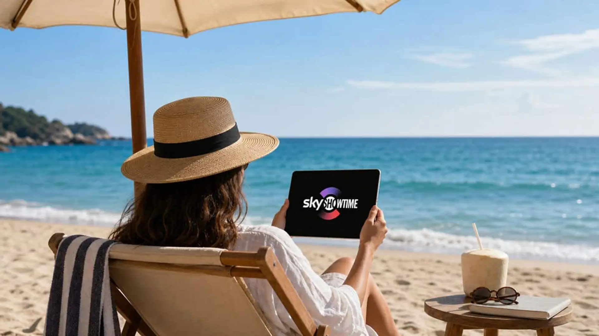 Persona sentada en una tumbona en la playa sosteniendo una tablet con SkyShowtime en pantalla