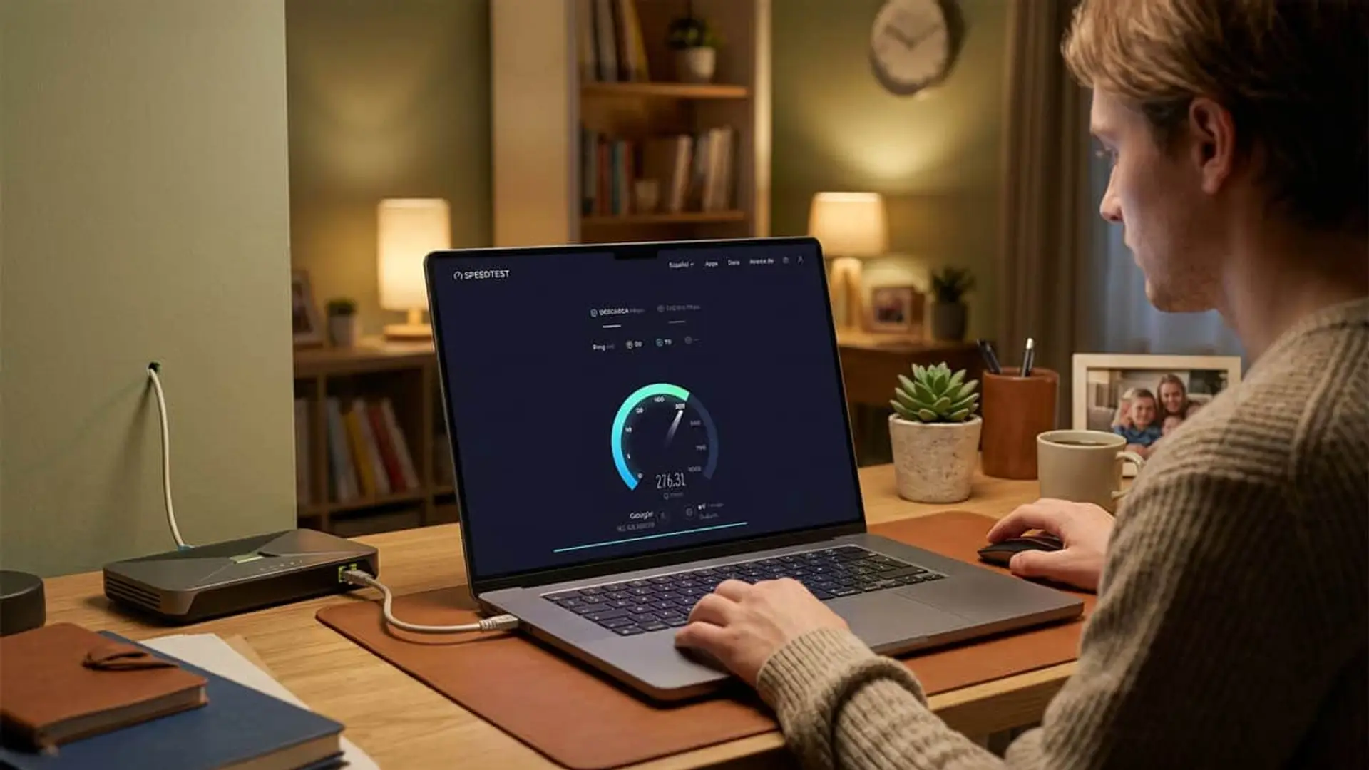 Hombre realizando un test de velocidad de internet en su portátil para comprobar la conexión de fibra óptica en casa.