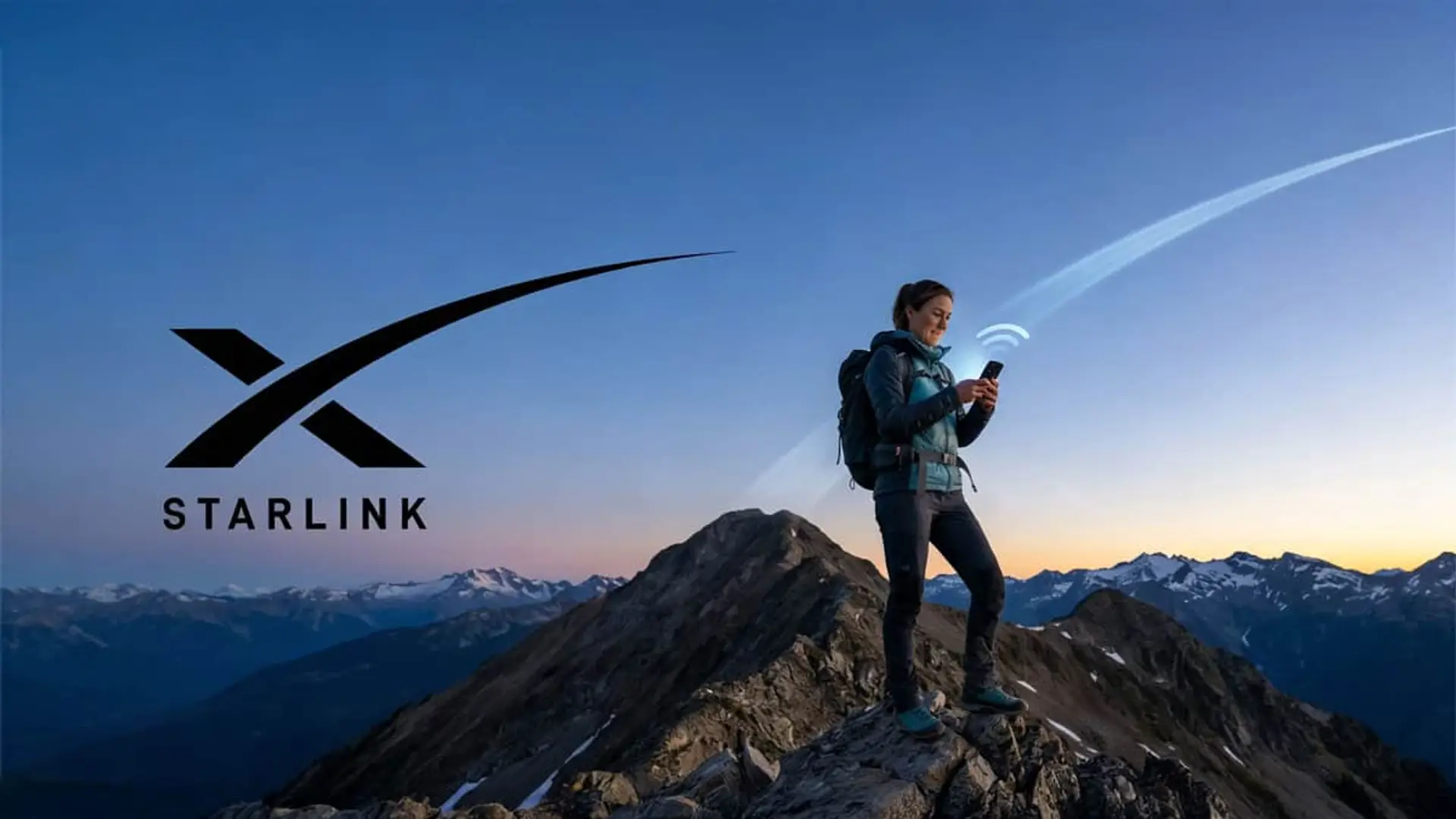 Hiker usando la señal de Starlink en la cima de una montaña para demostrar la cobertura satelital en zonas remotas.