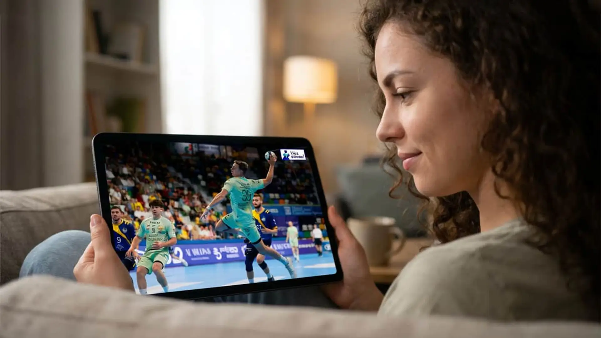 Mujer siguiendo un partido de la Liga ASOBAL de balonmano en streaming con su tablet desde el salón de casa.