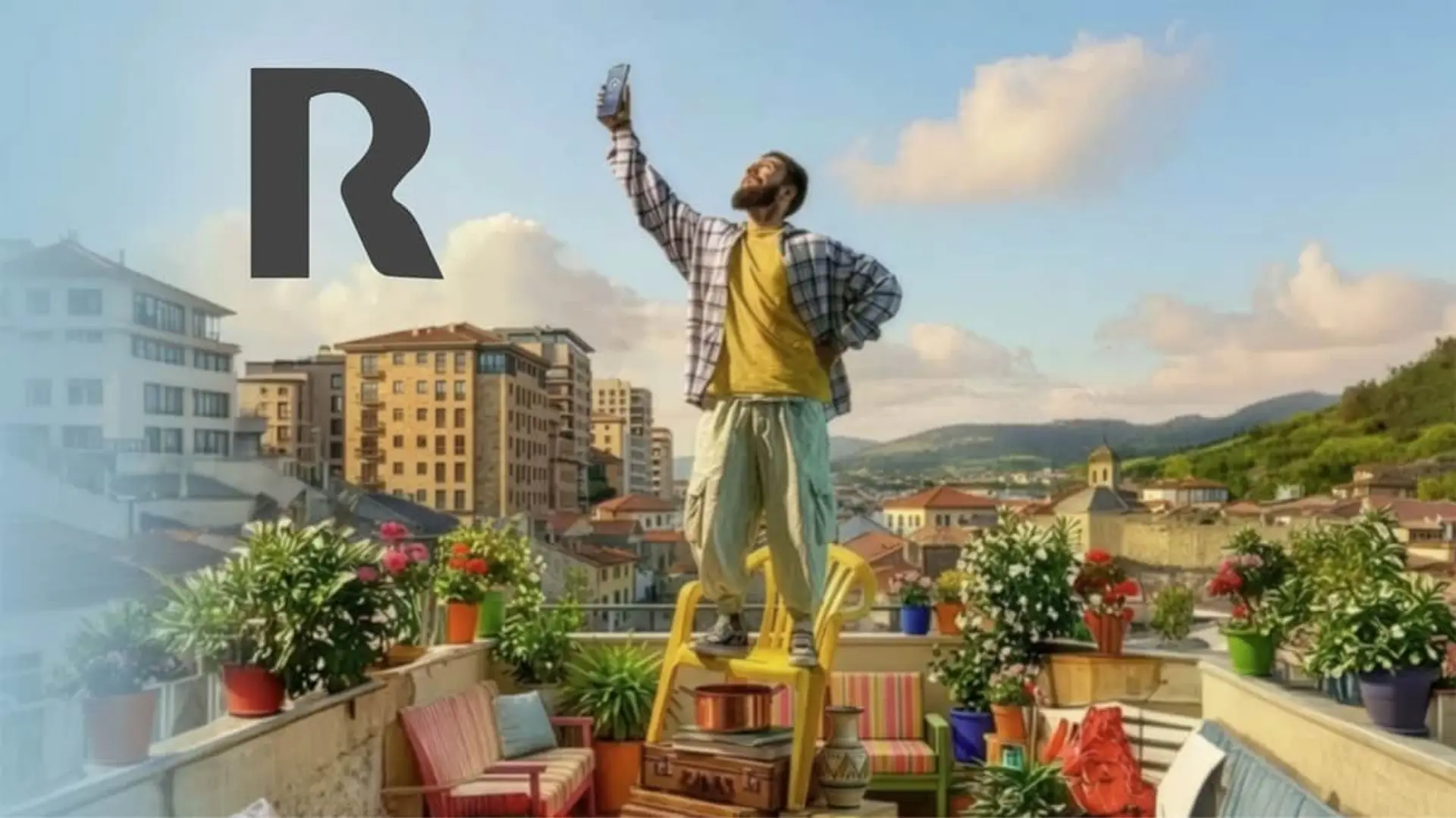 Hombre en una terraza buscando señal con su móvil junto al logo de R para representar la cobertura de fibra y móvil.