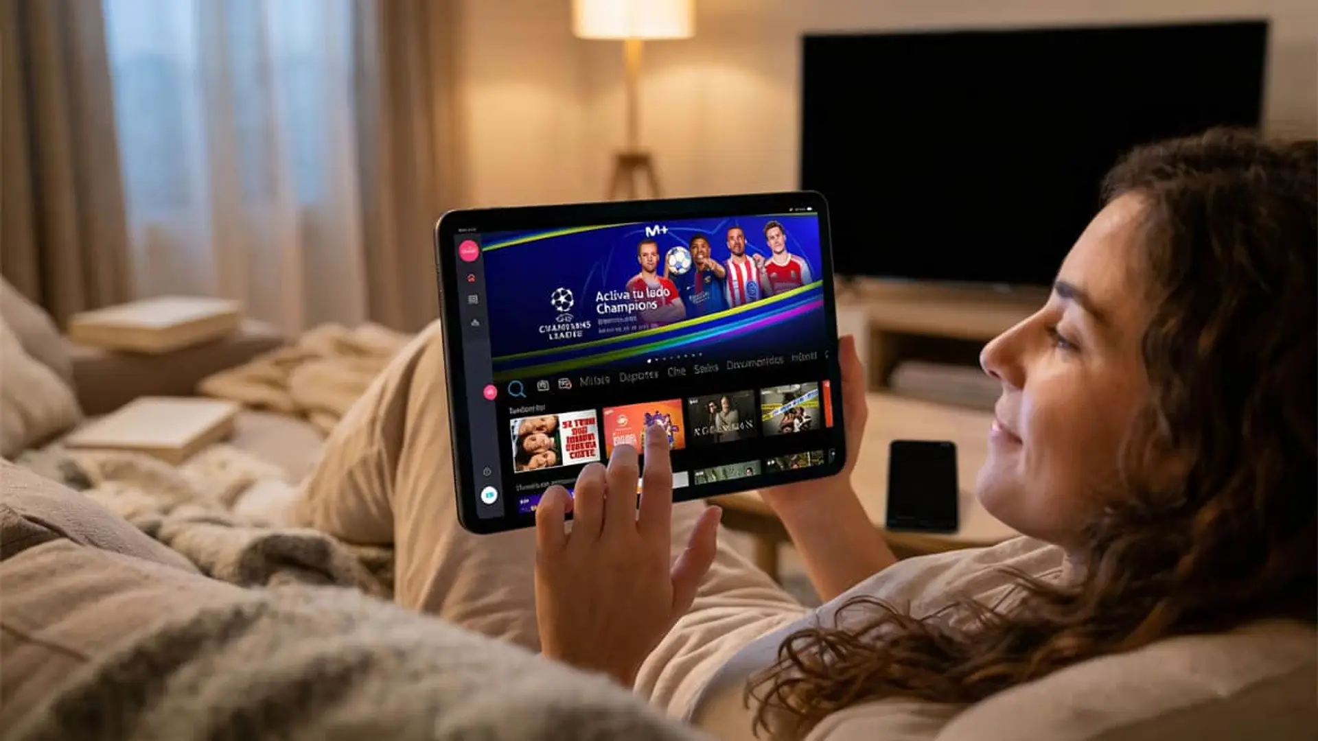 Mujer navegando en la app de Movistar Plus desde una tablet para ver la Champions League y series en streaming.