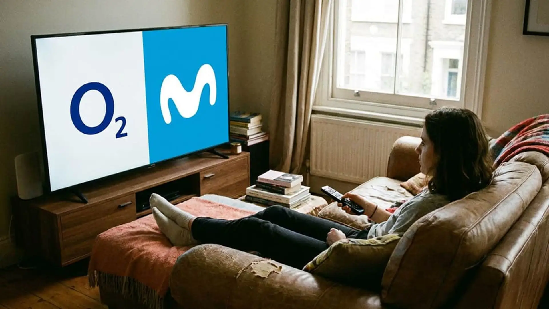 O2 ataca al low cost con estas nuevas tarifas de fibra, móvil y la TV de Movistar Plus+ Mujer viendo la televisión en el sofá de su casa. La pantalla muestra los logos de las compañías O2 y Movistar.