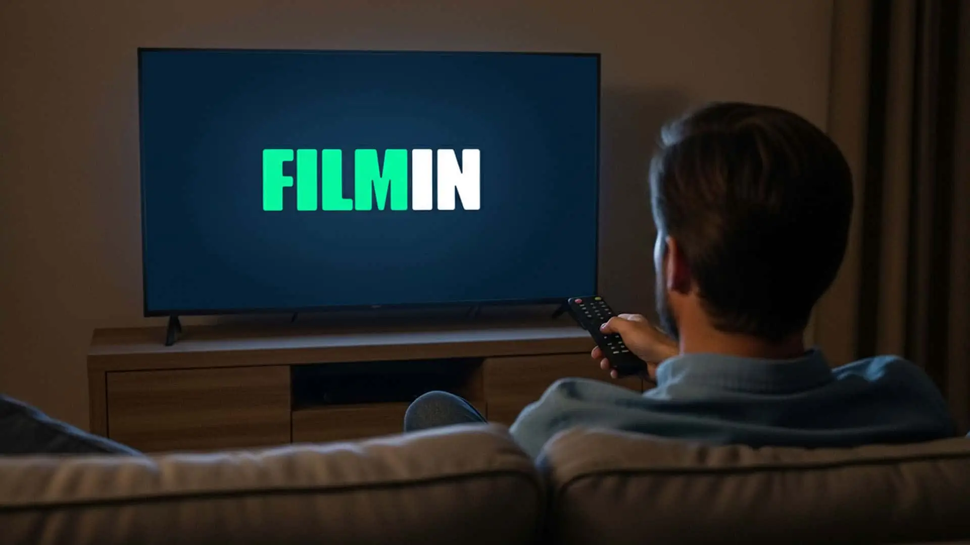 Persona en el sofá viendo la pantalla de inicio de la plataforma de cine Filmin en su televisión.