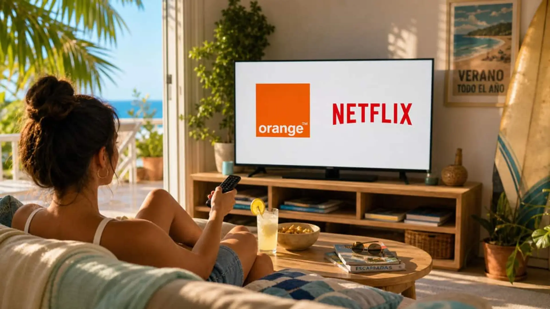 Persona sentada en un salón viendo una televisión con los logotipos de Orange y Netflix en pantalla