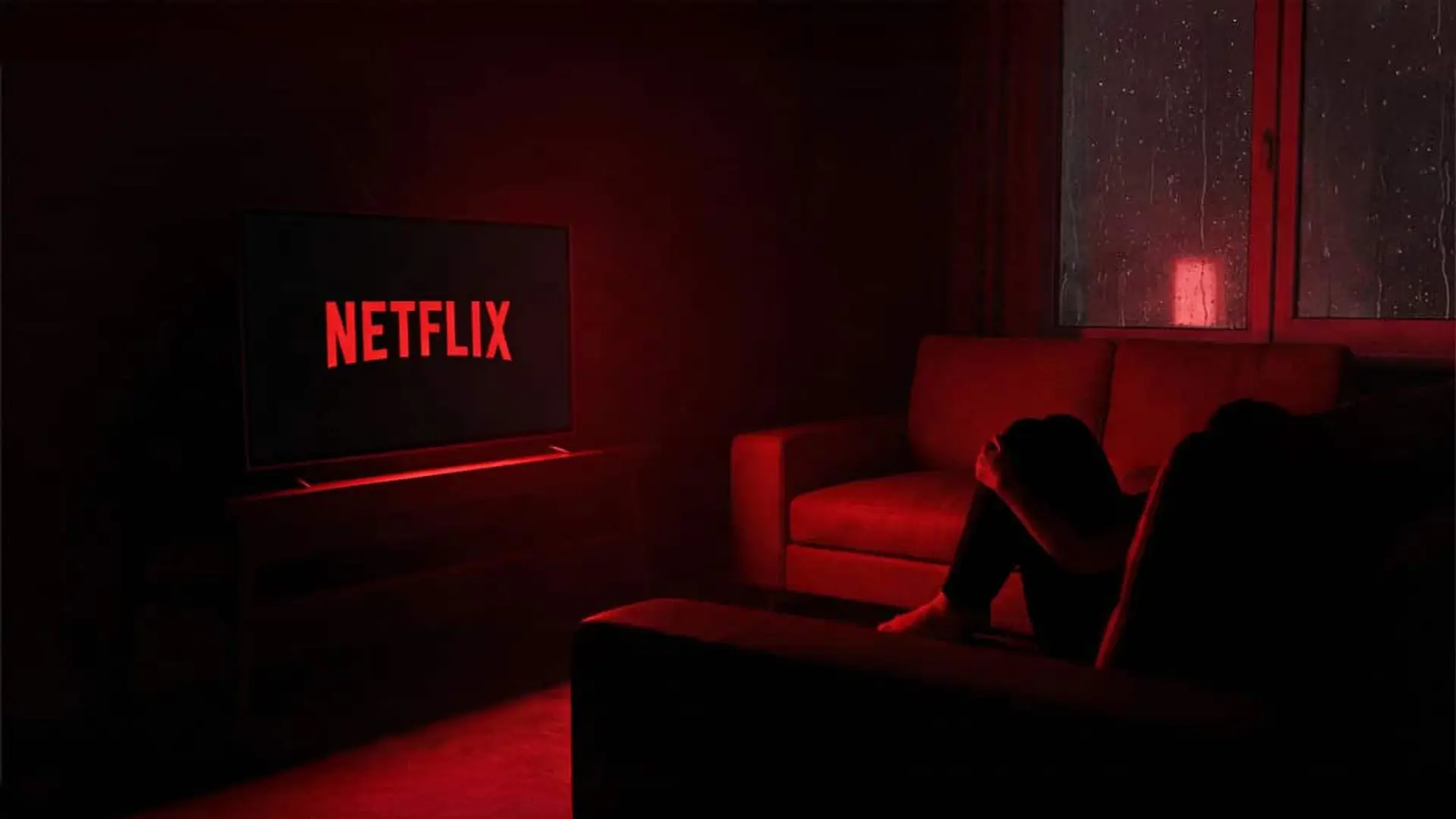 Persona sentada en un sofá viendo Netflix en una habitación oscura con iluminación roja
