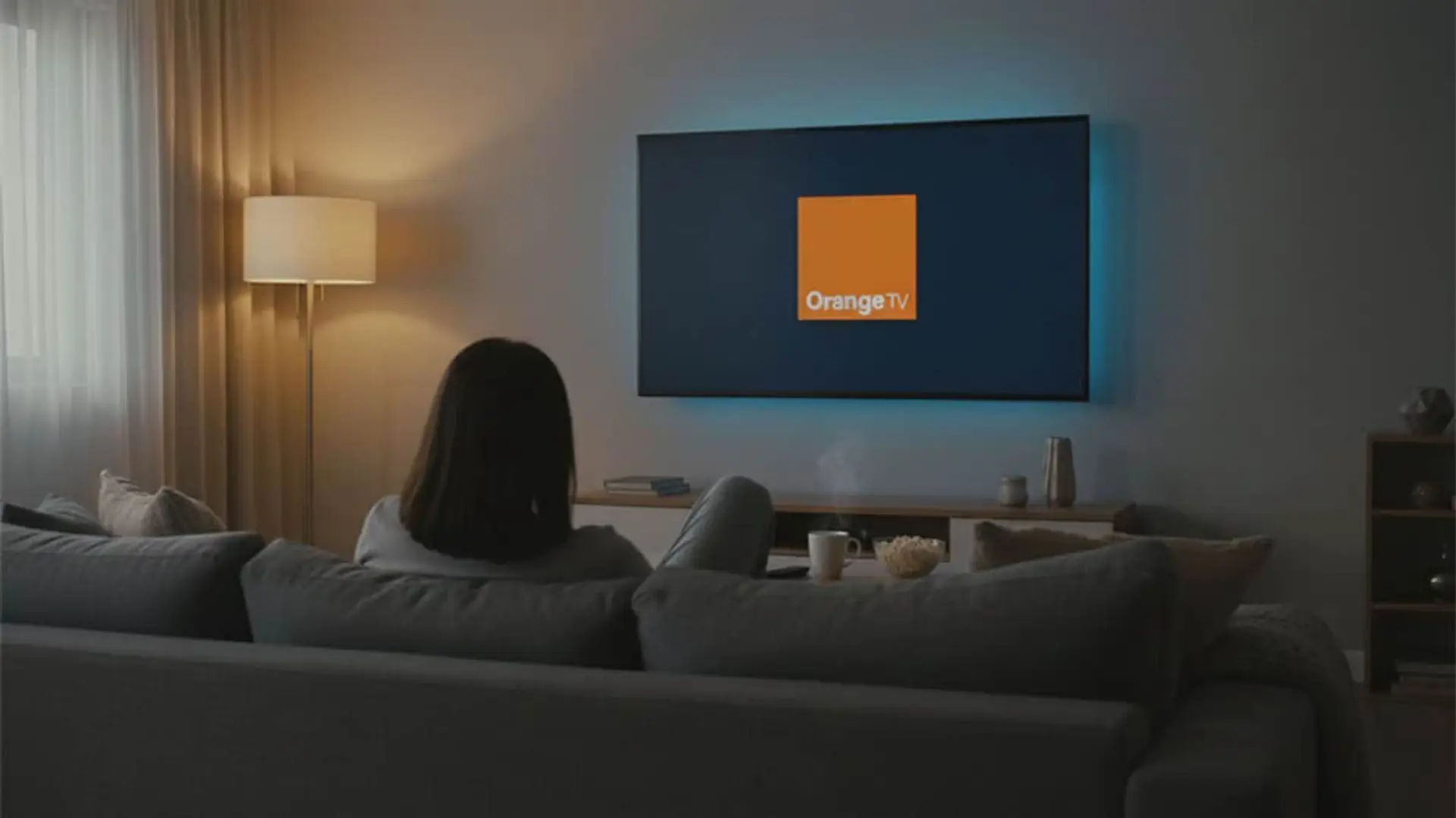 Mujer en el sofá de su casa viendo la plataforma de televisión Orange TV.