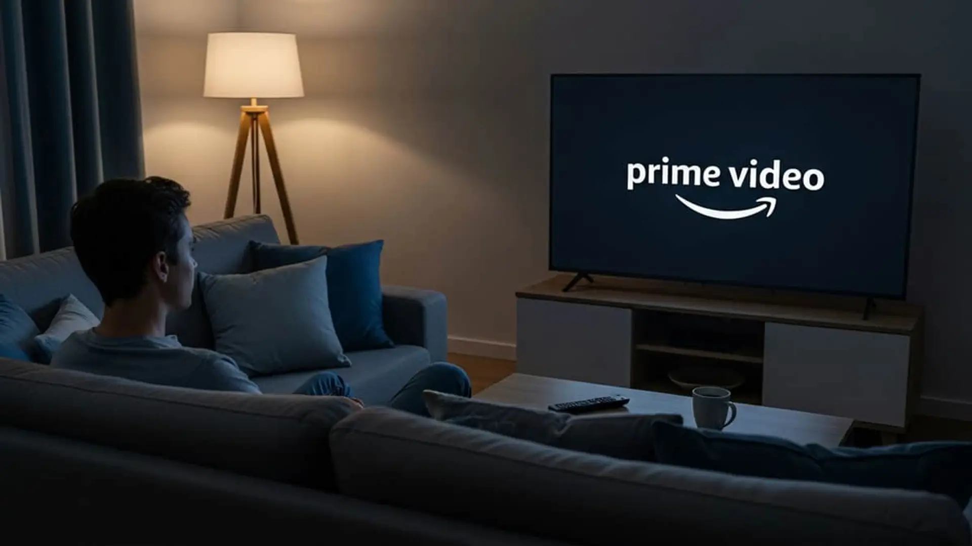 Hombre viendo el logo de Prime Video en su Smart TV. Disfruta de series y películas en streaming desde la comodidad del sofá.