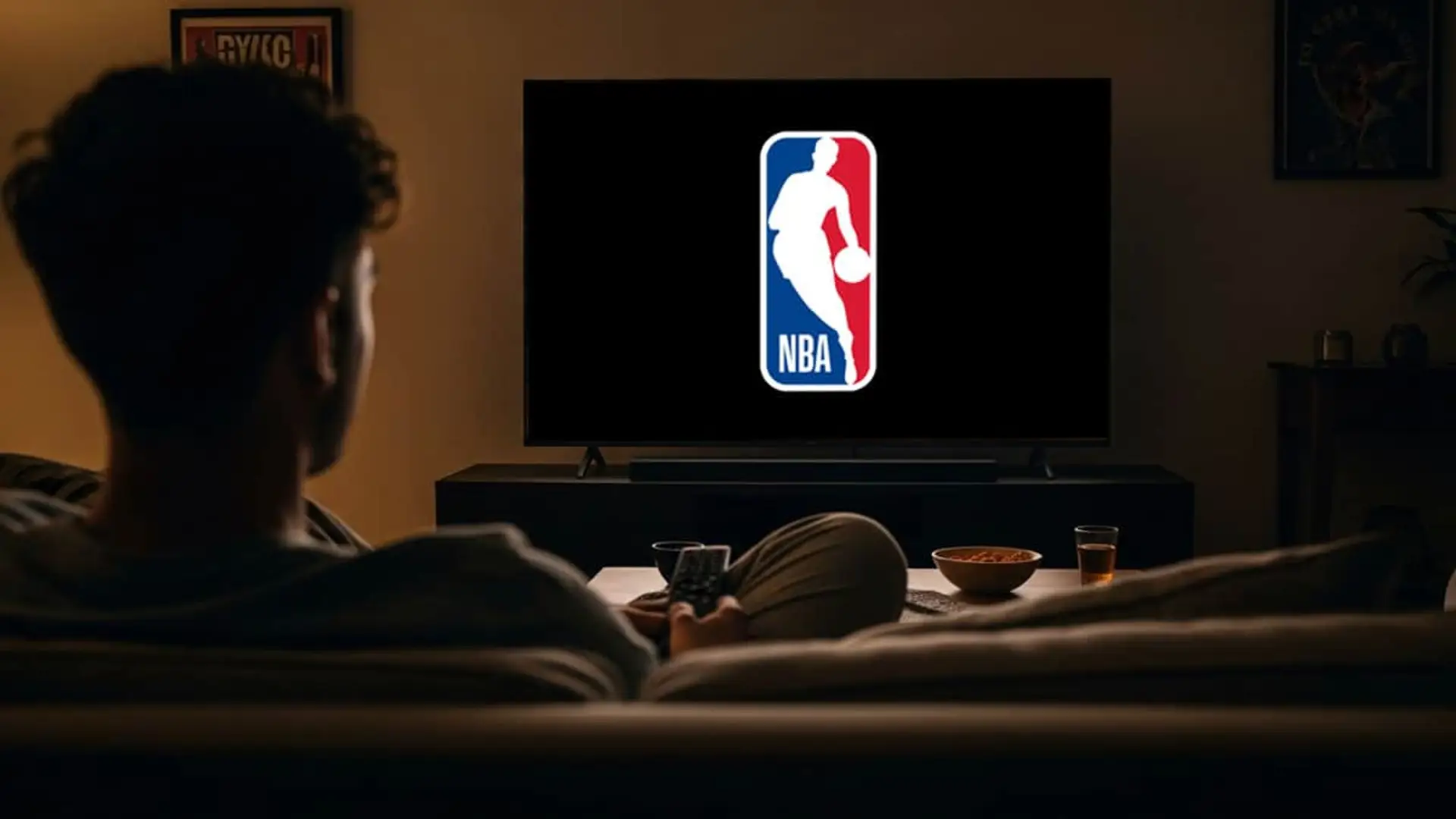 Dónde ver la NBA 2025/26 por TV, online y en directo en España Persona en el sofá de su casa viendo el logo de la NBA en la televisión, listo para ver un partido de baloncesto.