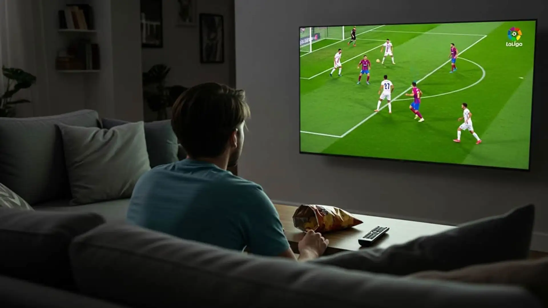 Hombre viendo un partido de LaLiga desde el sofá de casa. Disfruta de la emoción del fútbol en una Smart TV de gran calidad.