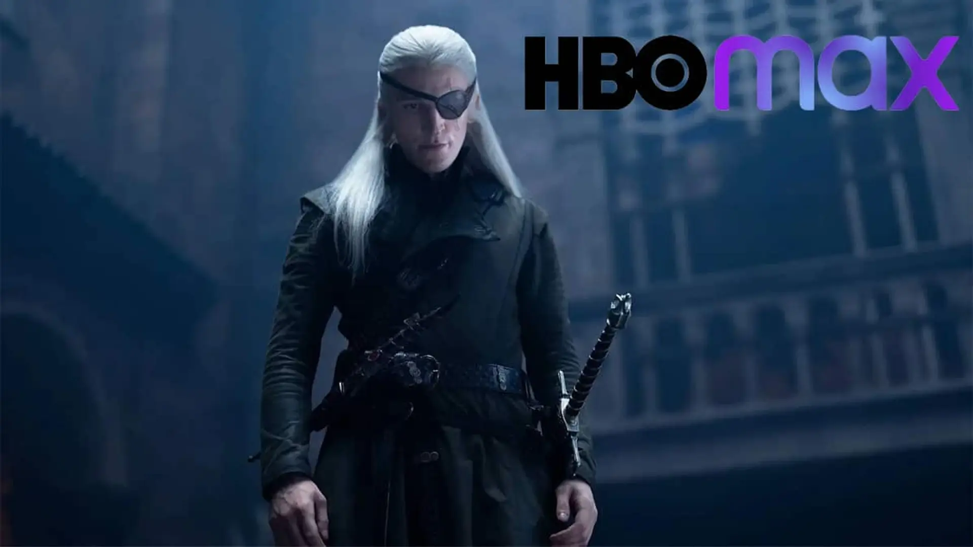 Personaje de La casa del dragón con parche en un ojo y el logotipo de HBO Max en la parte superior derecha
