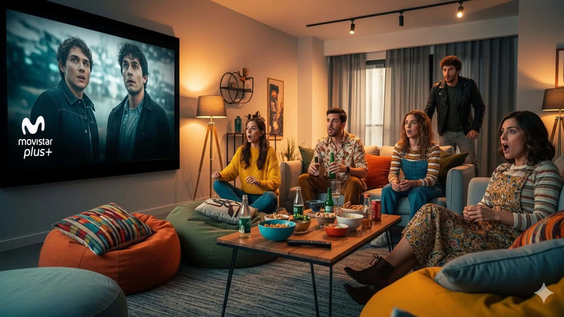 Grupo de amigos viendo televisión en un salón con pantalla grande de Movistar Plus+.