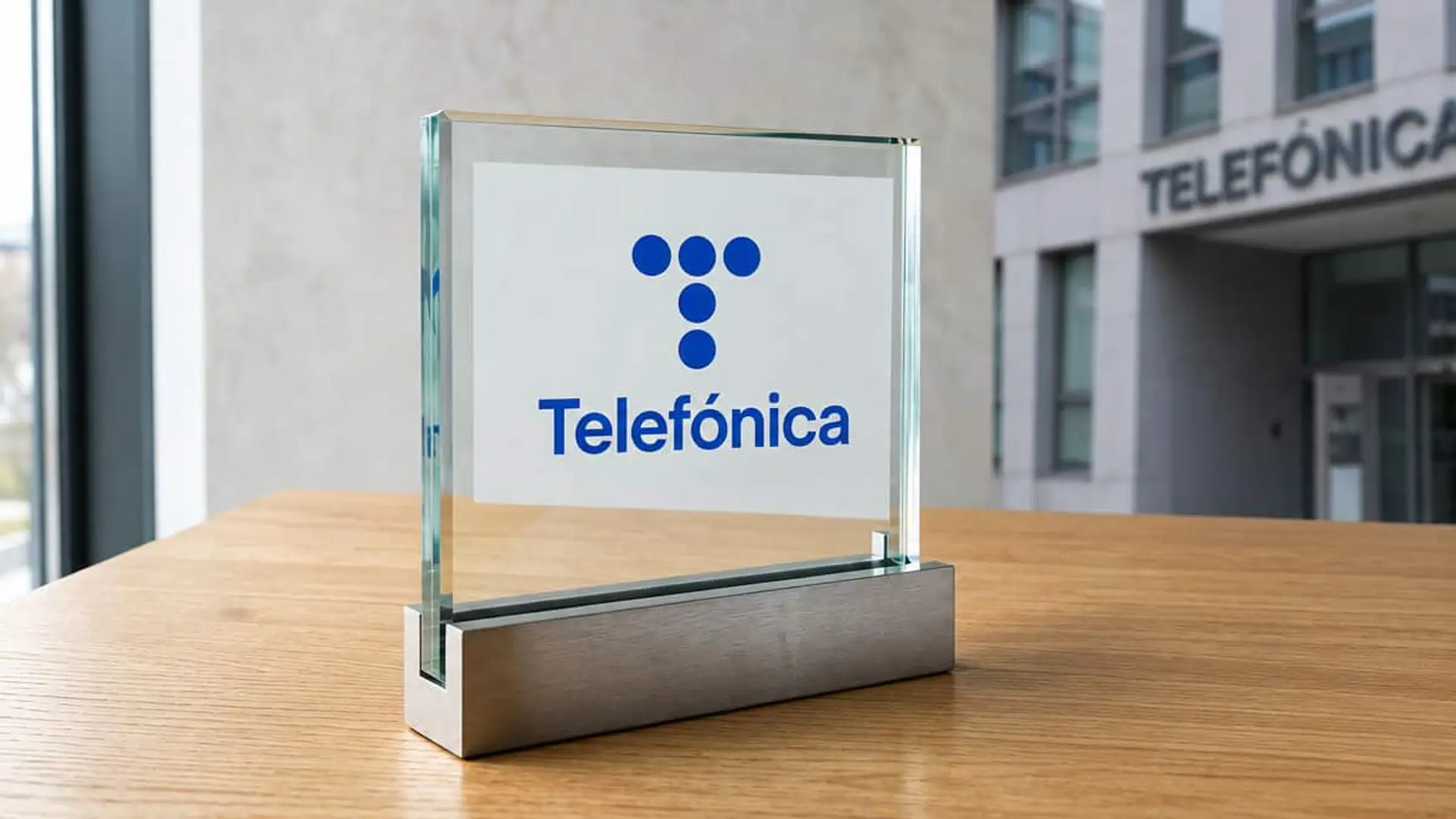 Telefónica Tech entra en Telefónica España: así afecta a sus 6.500 empleados Placa de cristal con el logotipo de Telefónica sobre una mesa, con un edificio de la compañía al fondo