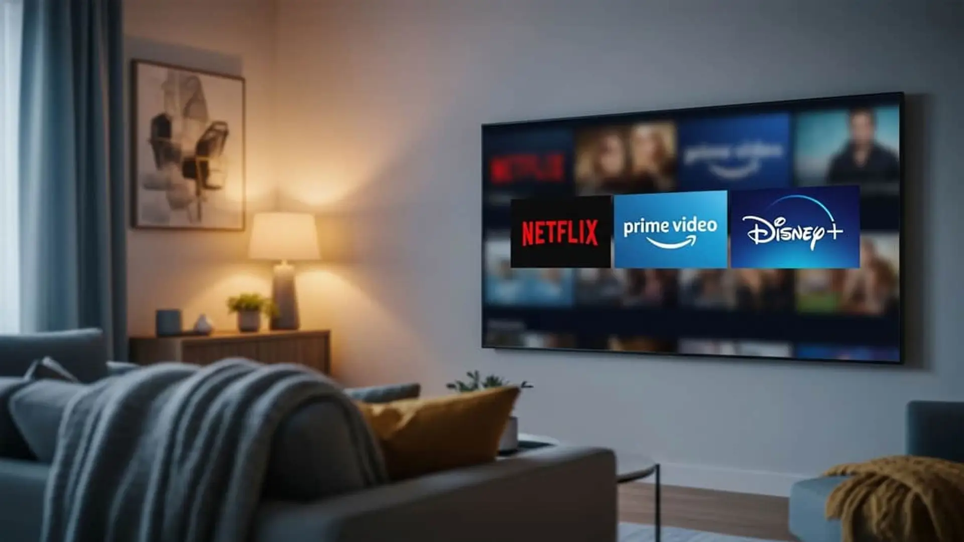 Plataformas de streaming como Netflix, Prime Video y Disney+ en la TV de un salón.