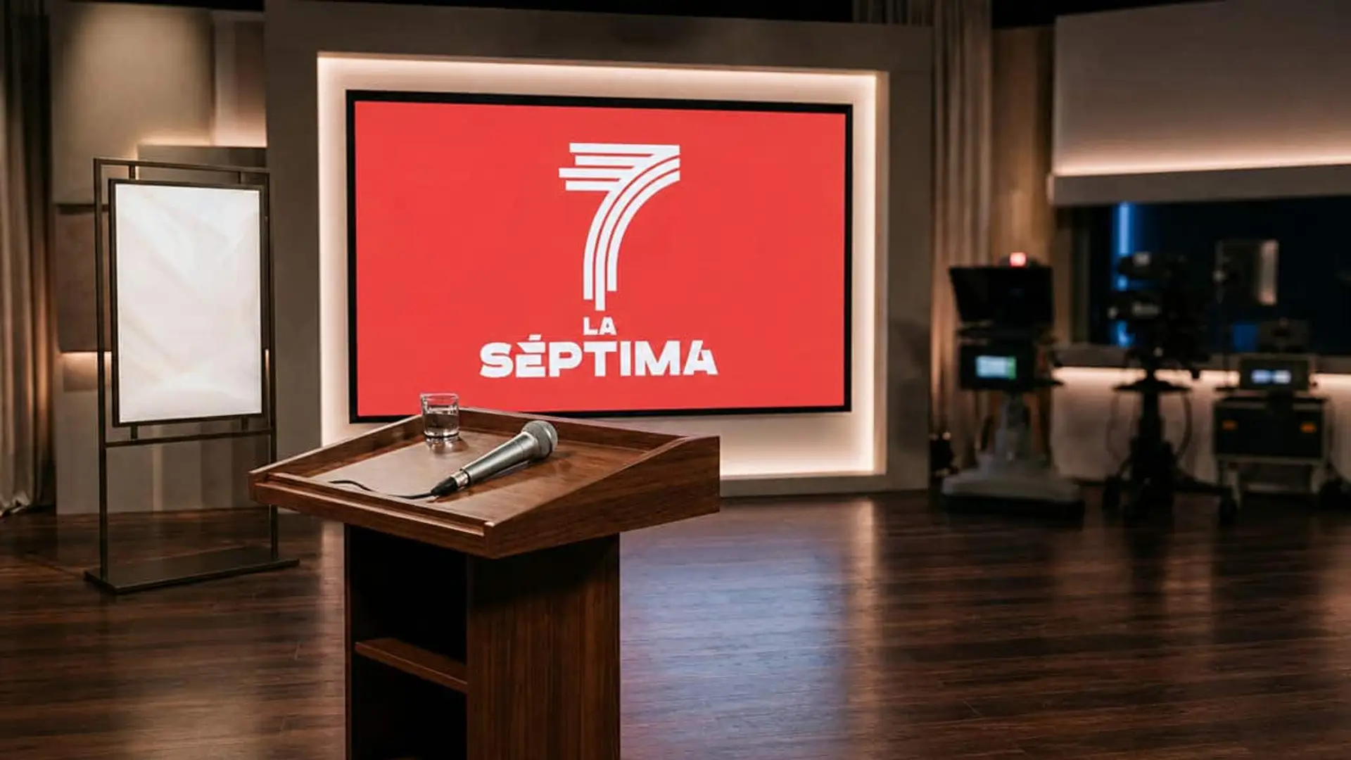 Plató de televisión de La Séptima con un micrófono sobre el atril y el logotipo del canal en pantalla