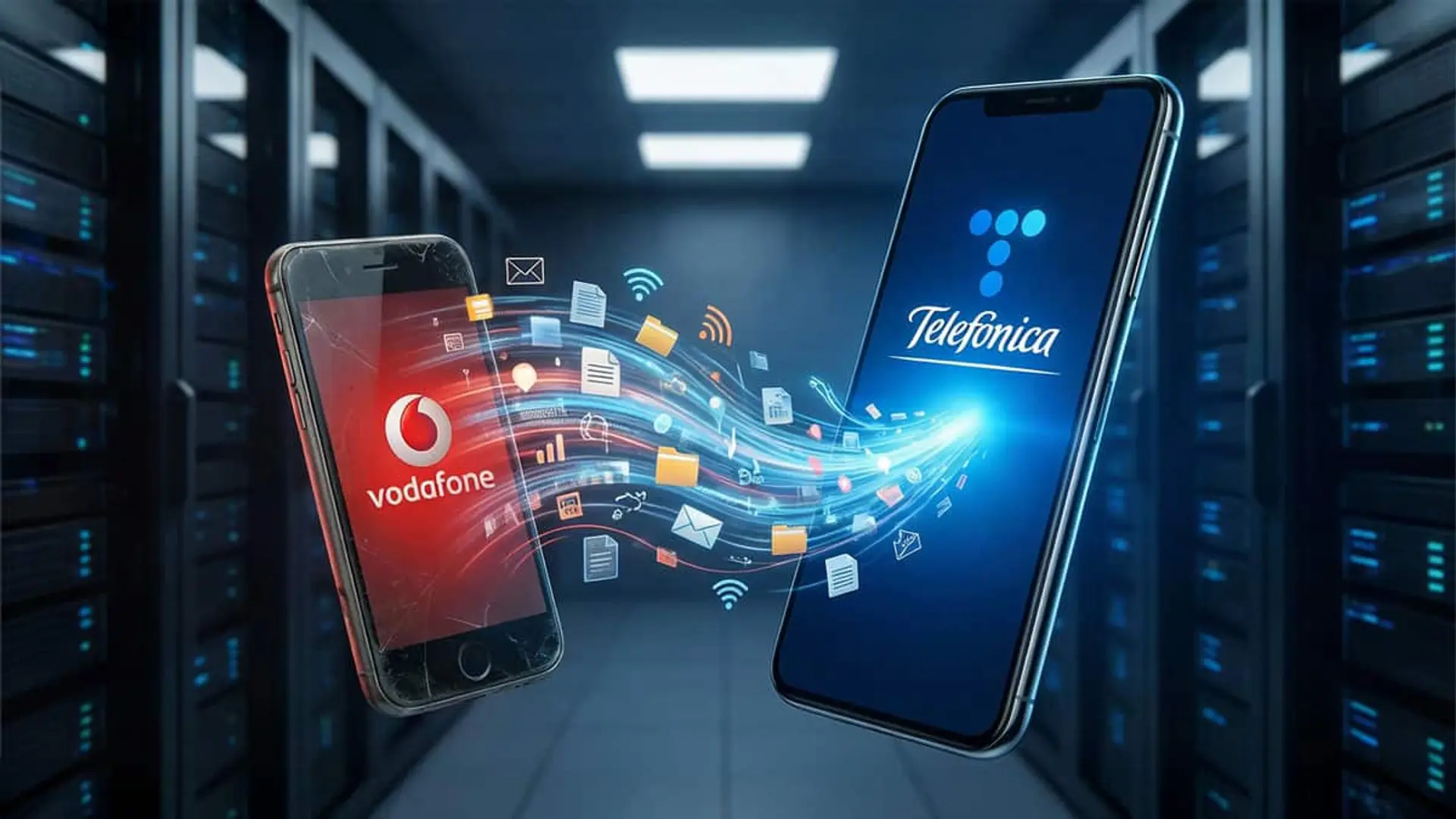 Portabilidad móvil entre Vodafone y Telefónica con transferencia de datos digitales en un centro de servidores