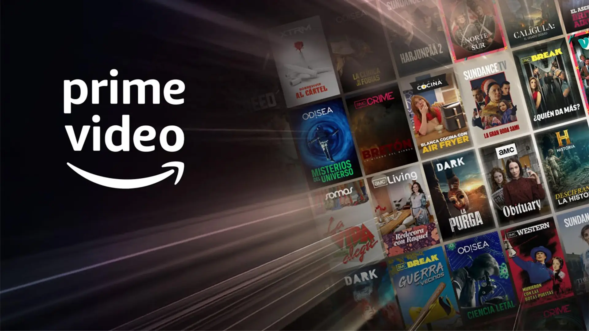 Logo de Amazon Prime Video con un mosaico de series y documentales de AMC.