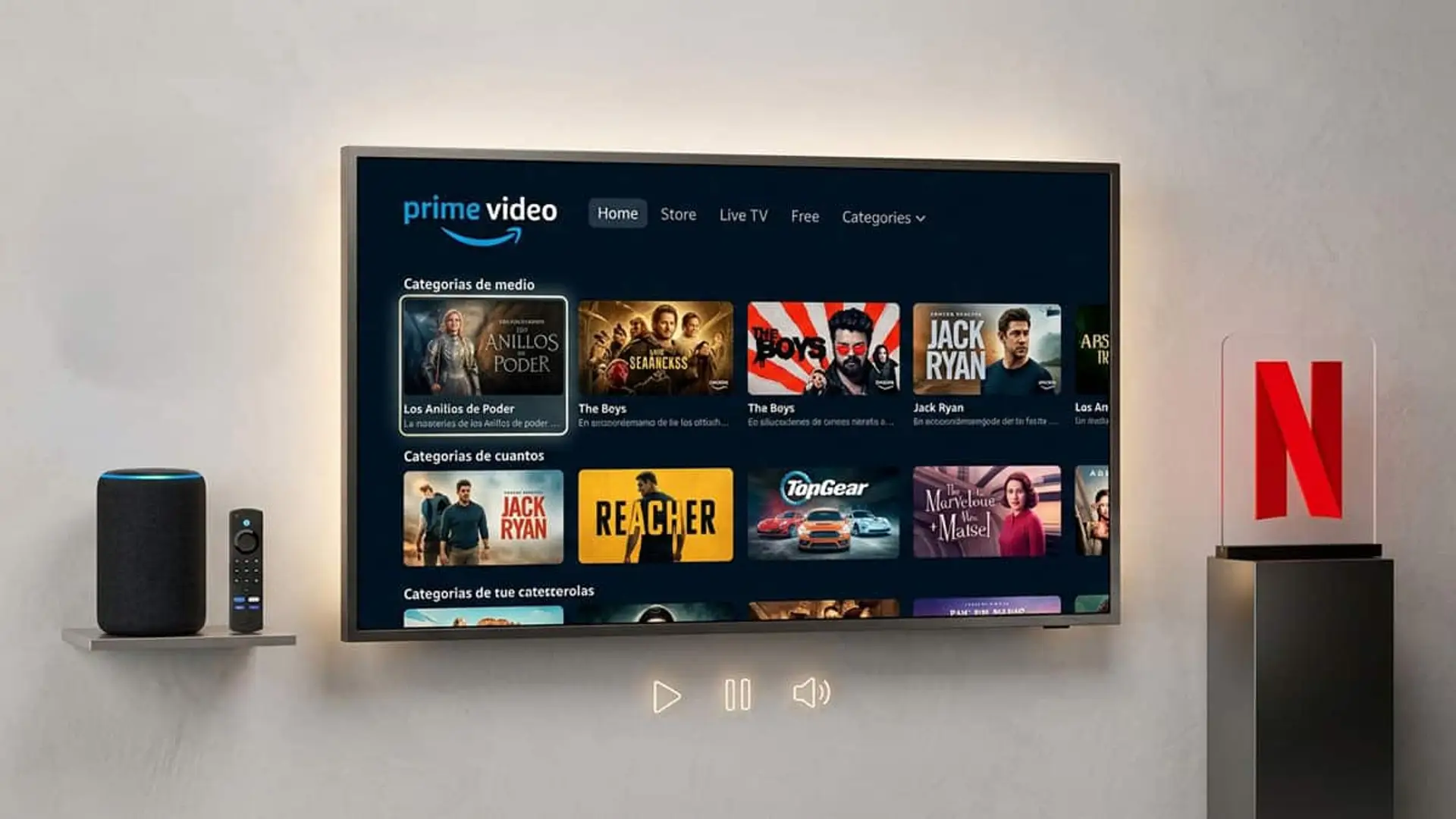 Televisor con la interfaz de Prime Video junto a un altavoz inteligente, un mando y el logotipo de Netflix