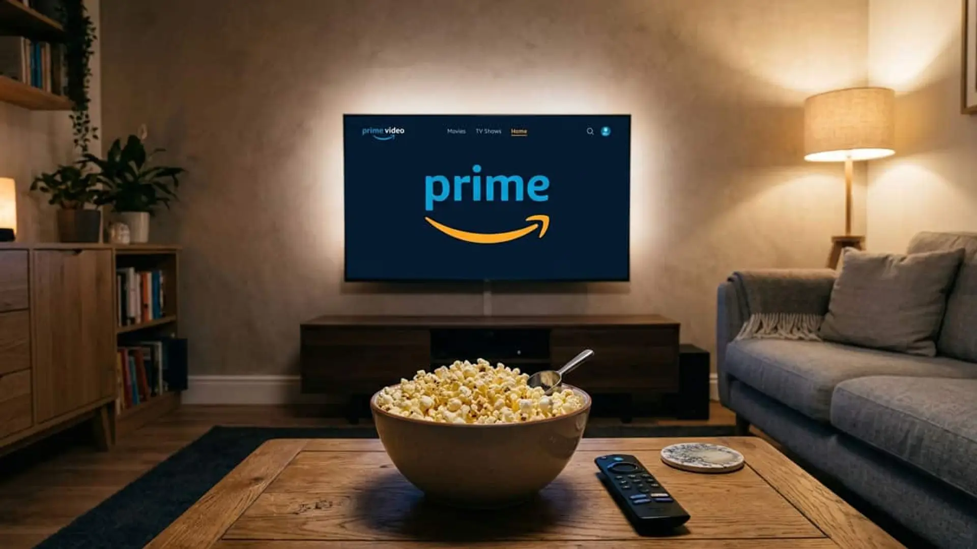 Prime Video refresca agosto con más de 20 estrenos: vuelve Jack Reacher y se confirma nueva temporada Televisión con la pantalla de Prime Video en un salón, junto a un cuenco de palomitas y un mando a distancia
