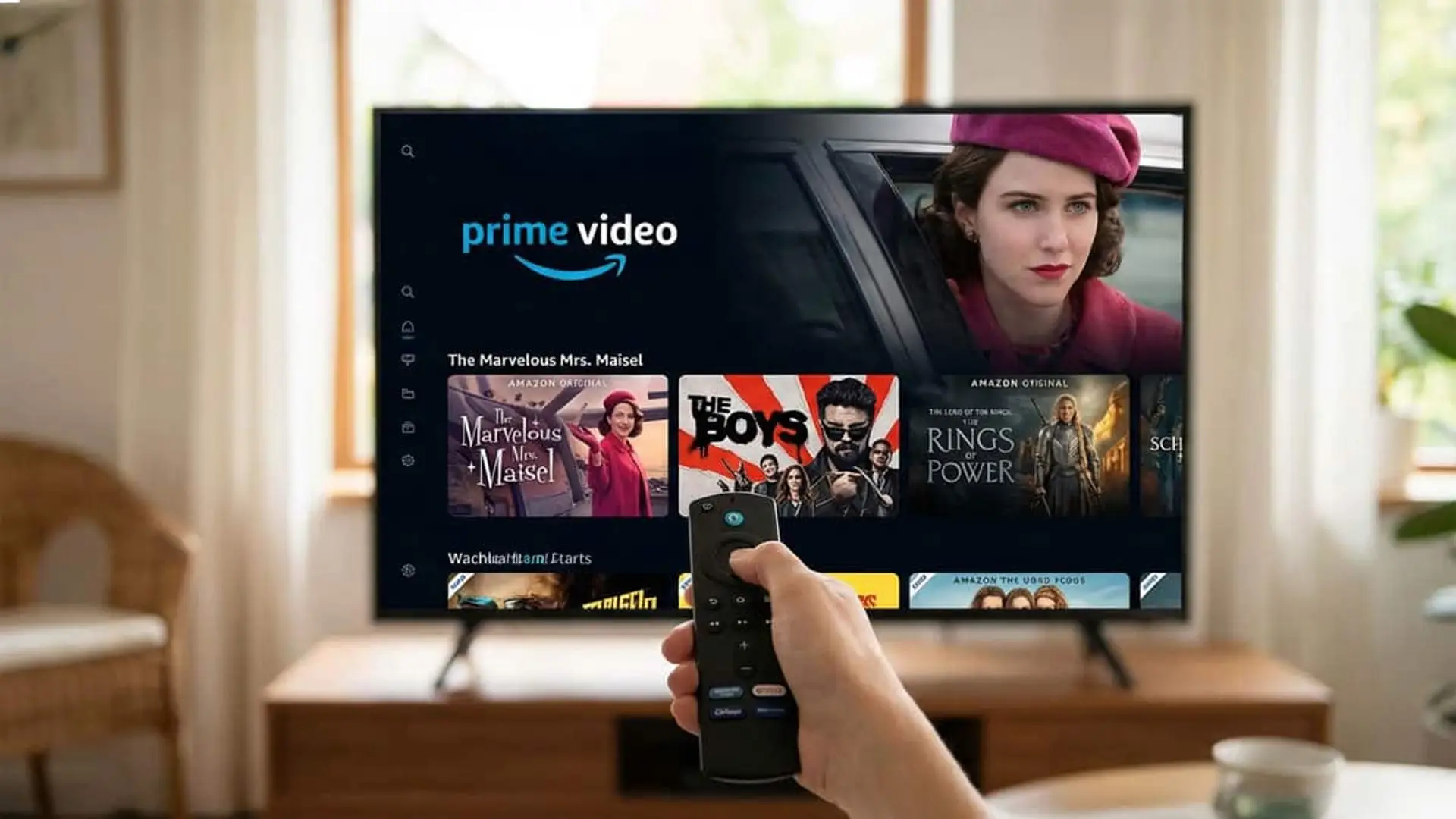 Interfaz de Prime Video en una smart tv con un mando a distancia de Fire TV y catálogo de series y películas